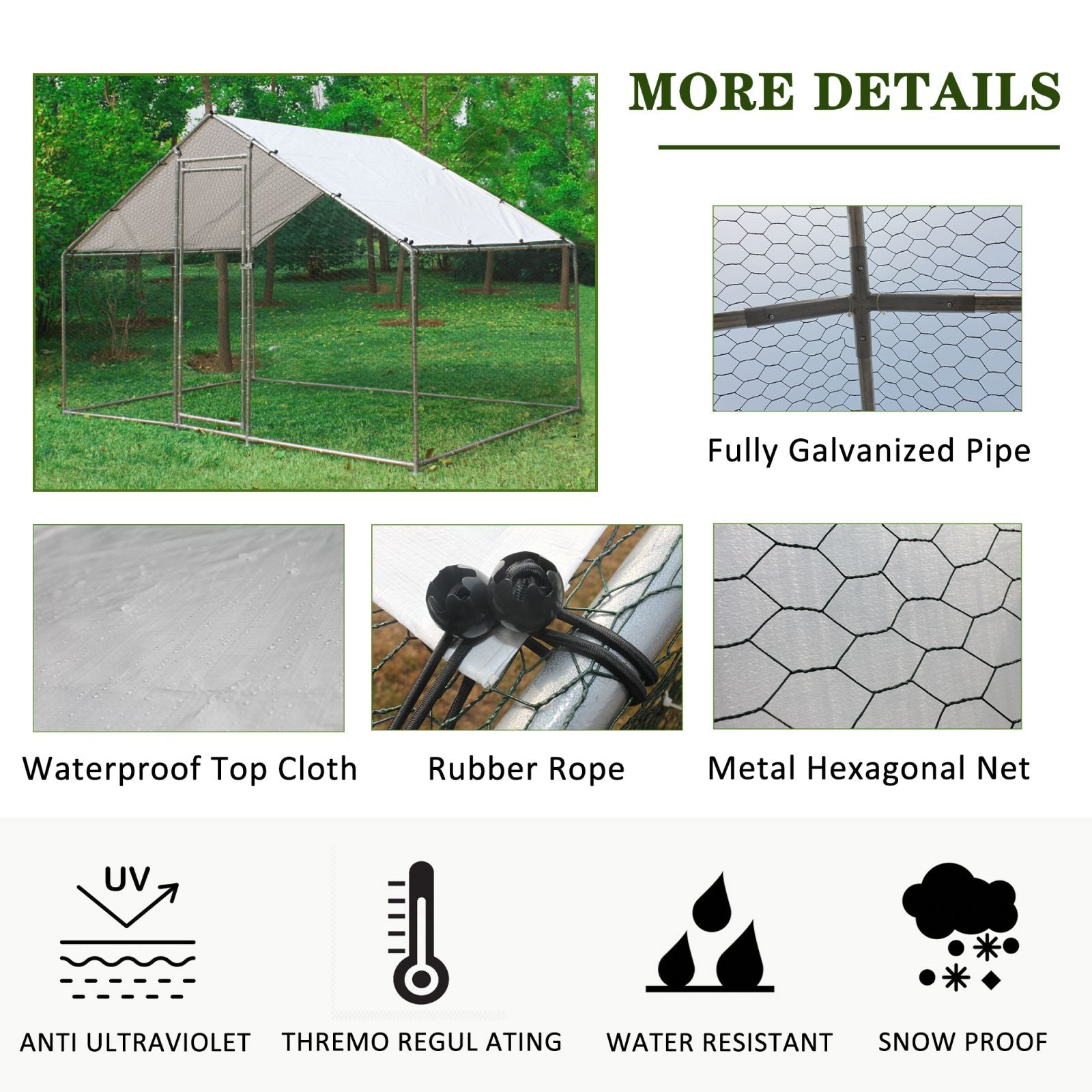 Ouyessir Outdoor Chicken Coop， Large Metal Walk-in Chicken Run Pen with Waterproof Cover Coat， Rabbit Habitat Flat Shaped Poultry Cage for Backyard Farm Use (6.6’L x 10’W x 6.2’H)