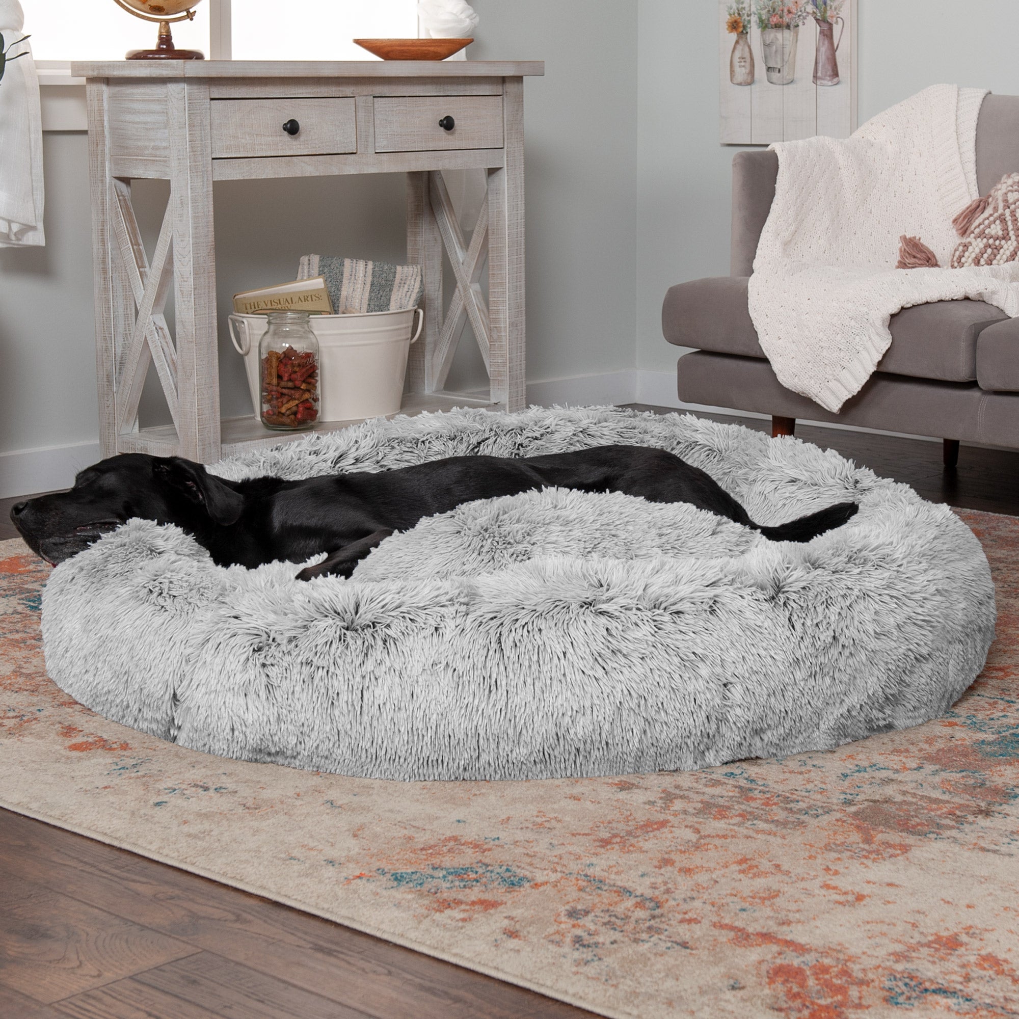 FurHaven | Calming Cuddler Long Fur Donut Pet Bed for Dogs and Cats， Mist Gray， Jumbo