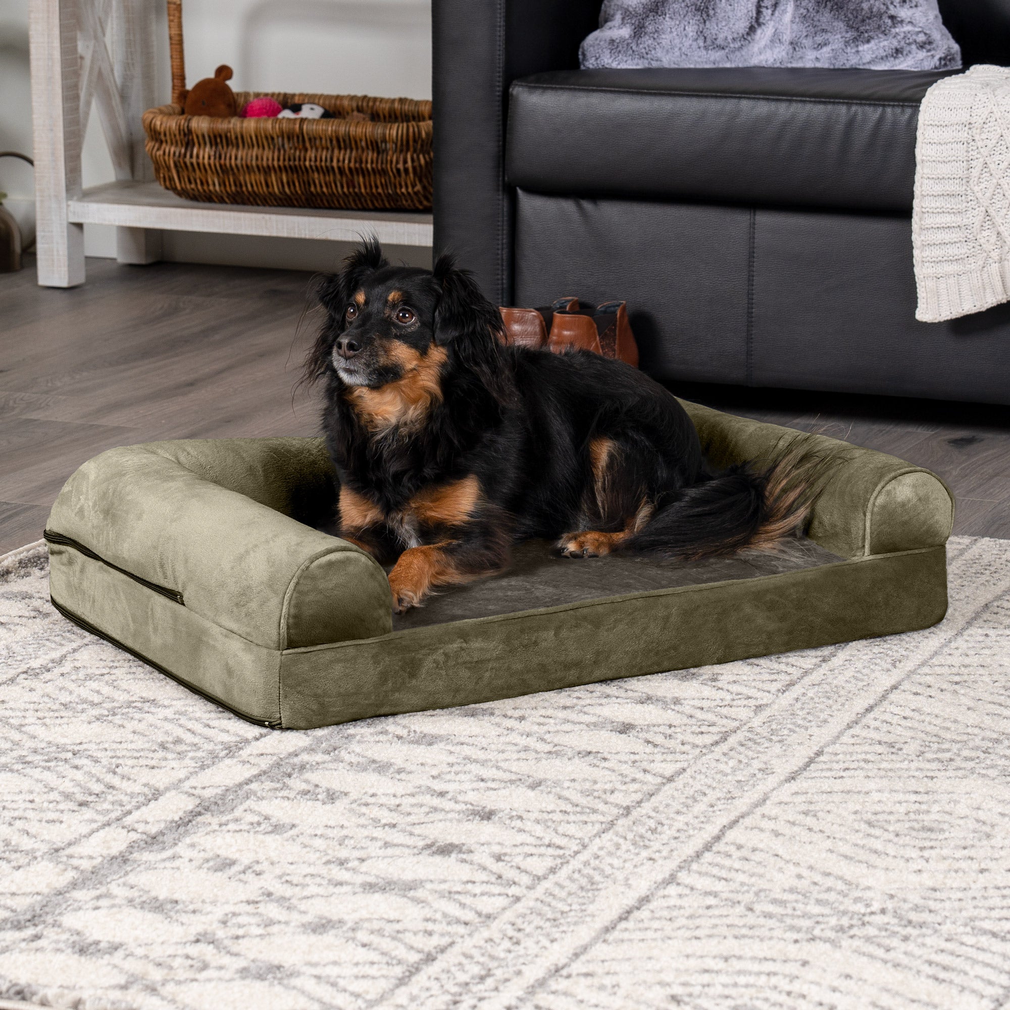 FurHaven | Orthopedic Faux Fur and Velvet Sofa Pet Bed for Dogs and Cats， Dark Sage， Medium