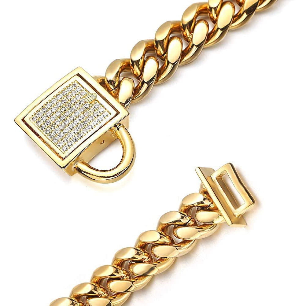 Gold Dog Chain Collar， 10mm Metal Chain Collar Cuban Link Puppy Collar Stainless Steel with CZ Diamond Lock Bling Choke Collar for Dogs(10inches)