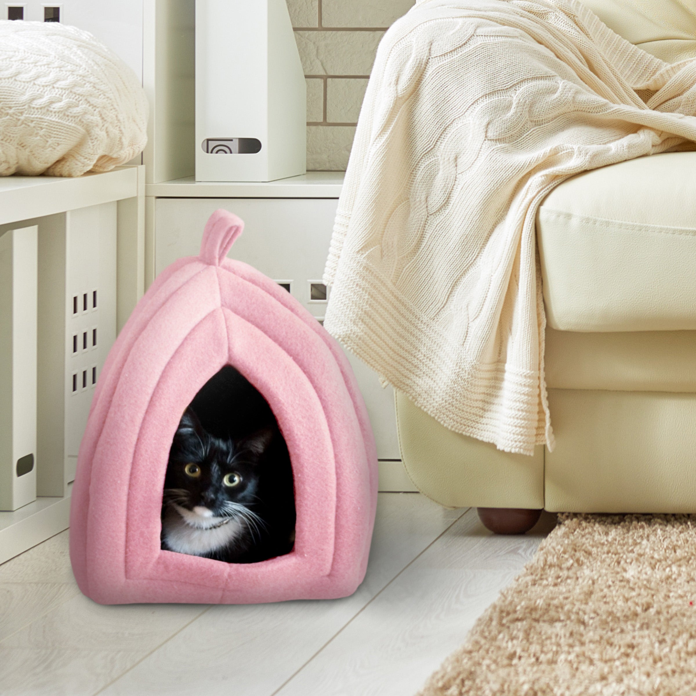 Cat House - Indoor Bed with Removable Foam Cushion - Pet Tent for Puppies， Rabbits， Guinea Pigs， Hedgehogs， and Other Small Animals by PETMAKER (Pink)