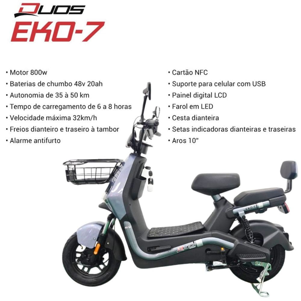 Bicicleta Scooter Elétrica 800W Alarme Cartão NFC Farol LED Eko-7 Duos Cinza