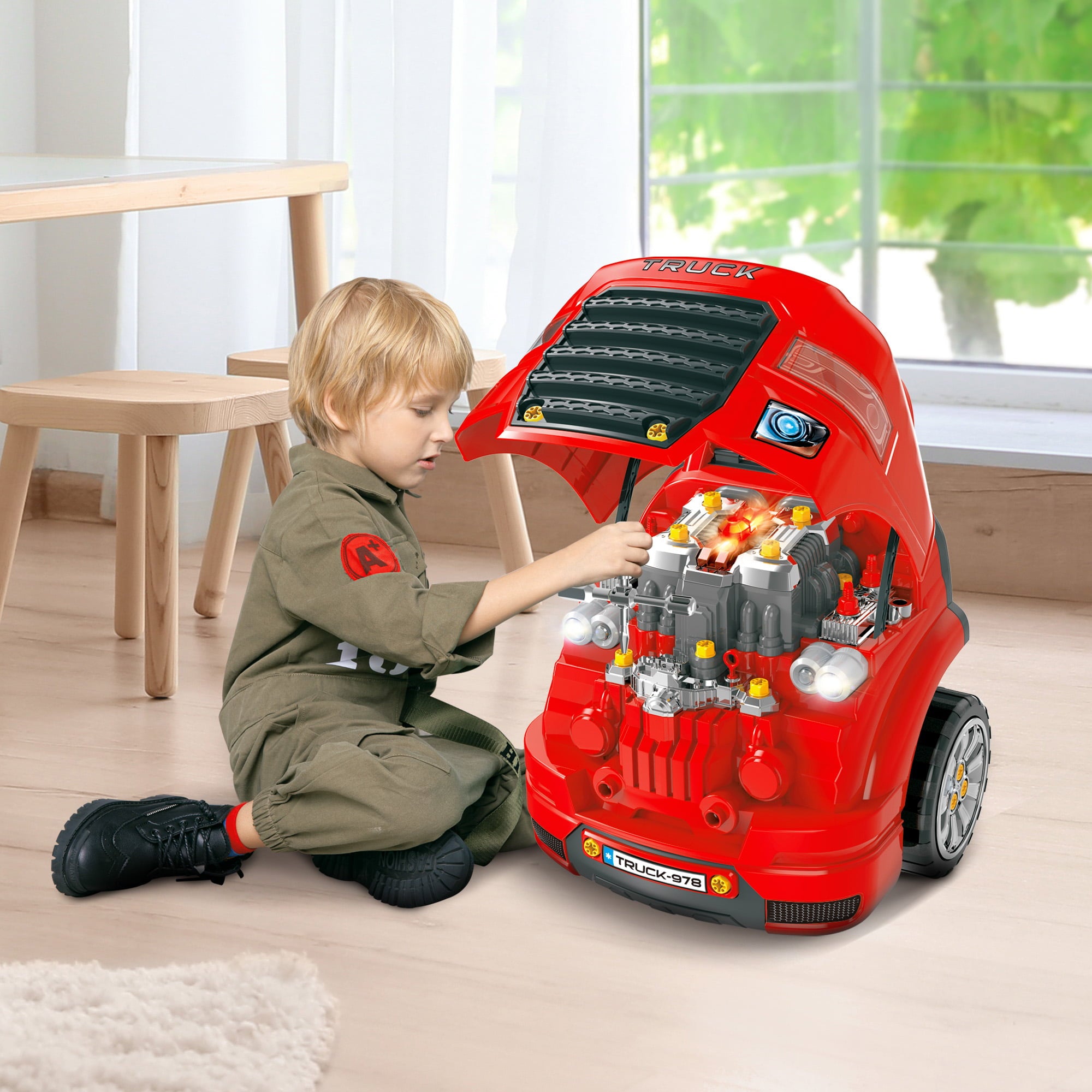 Qaba Kids Truck Engine Toy Set， Educational Car Service Station Playset， Engine Disassembly Play Workshop， Includes 61 Pieces Accessories， Steering Wheel， Light， Key Fob for 3-5 Years Old， Red