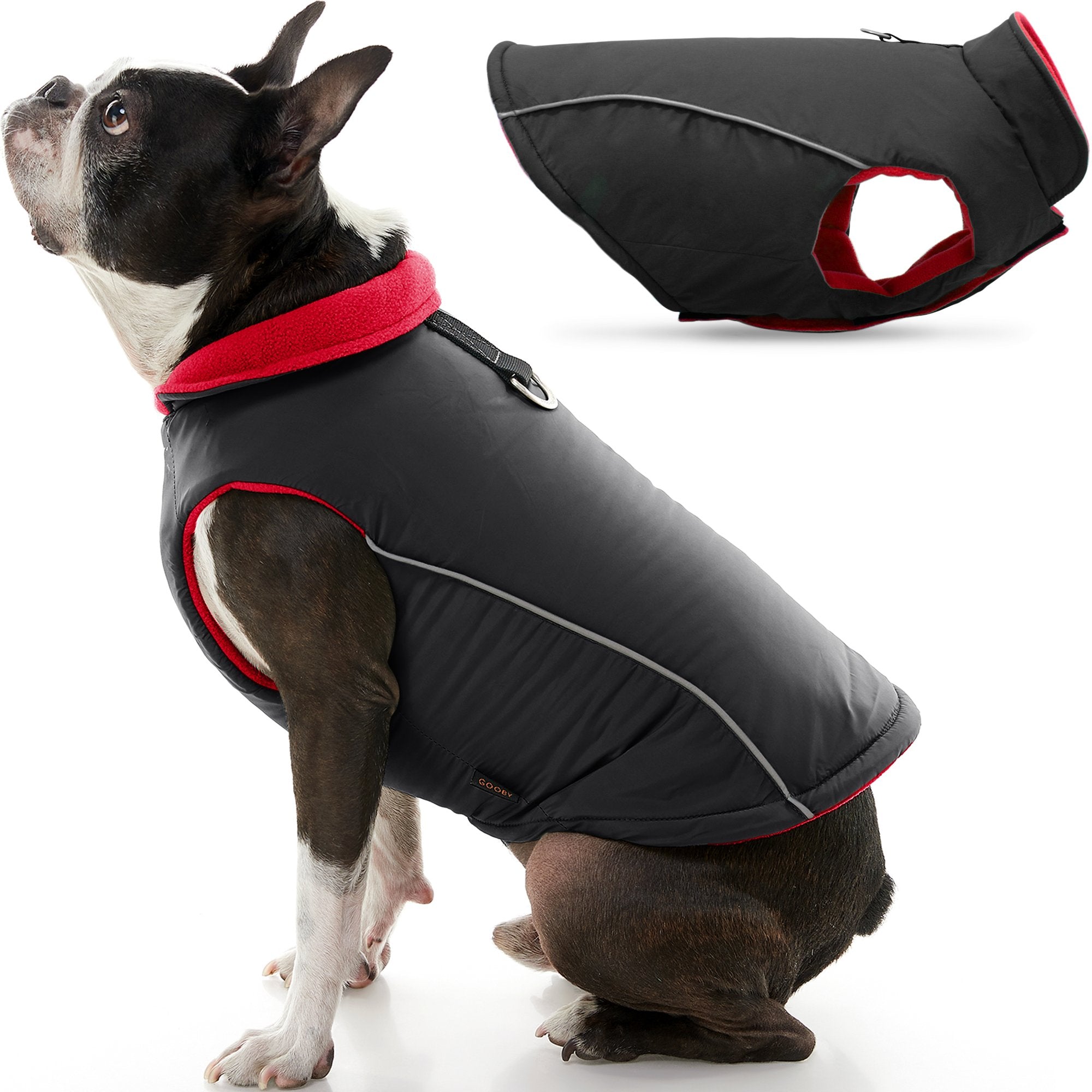 Gooby Sports Dog Vest - Black， Large - Fleece Lined Dog Jacket Coat with D Ring Leash - Reflective Vest Small Dog Sweater， Hook and Loop Closure - Dog Clothes for Small Dogs Indoor and Outdoor Use