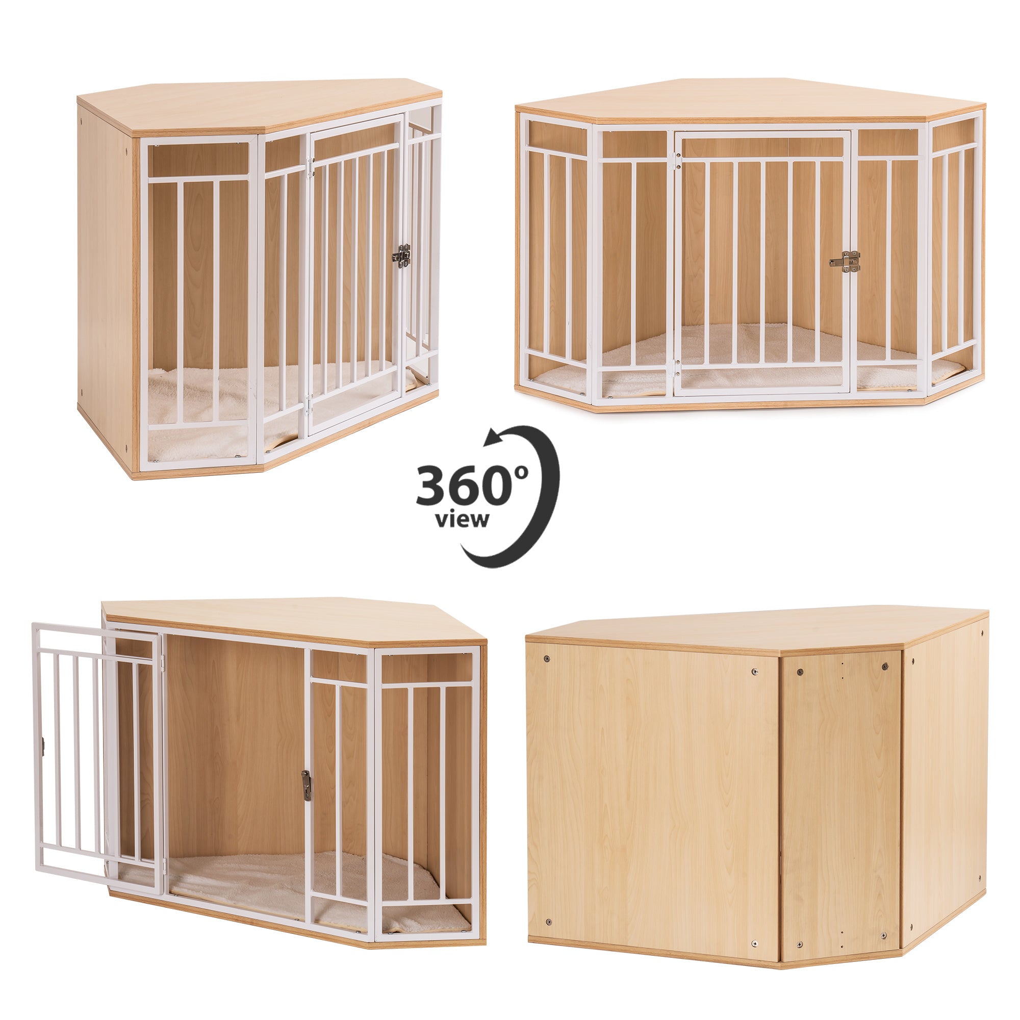 LANTRO JS Corner Dog Crate with Cushion， Dog Kennel with Wood and Mesh， Doghouse， Pet Crate Indoor Use