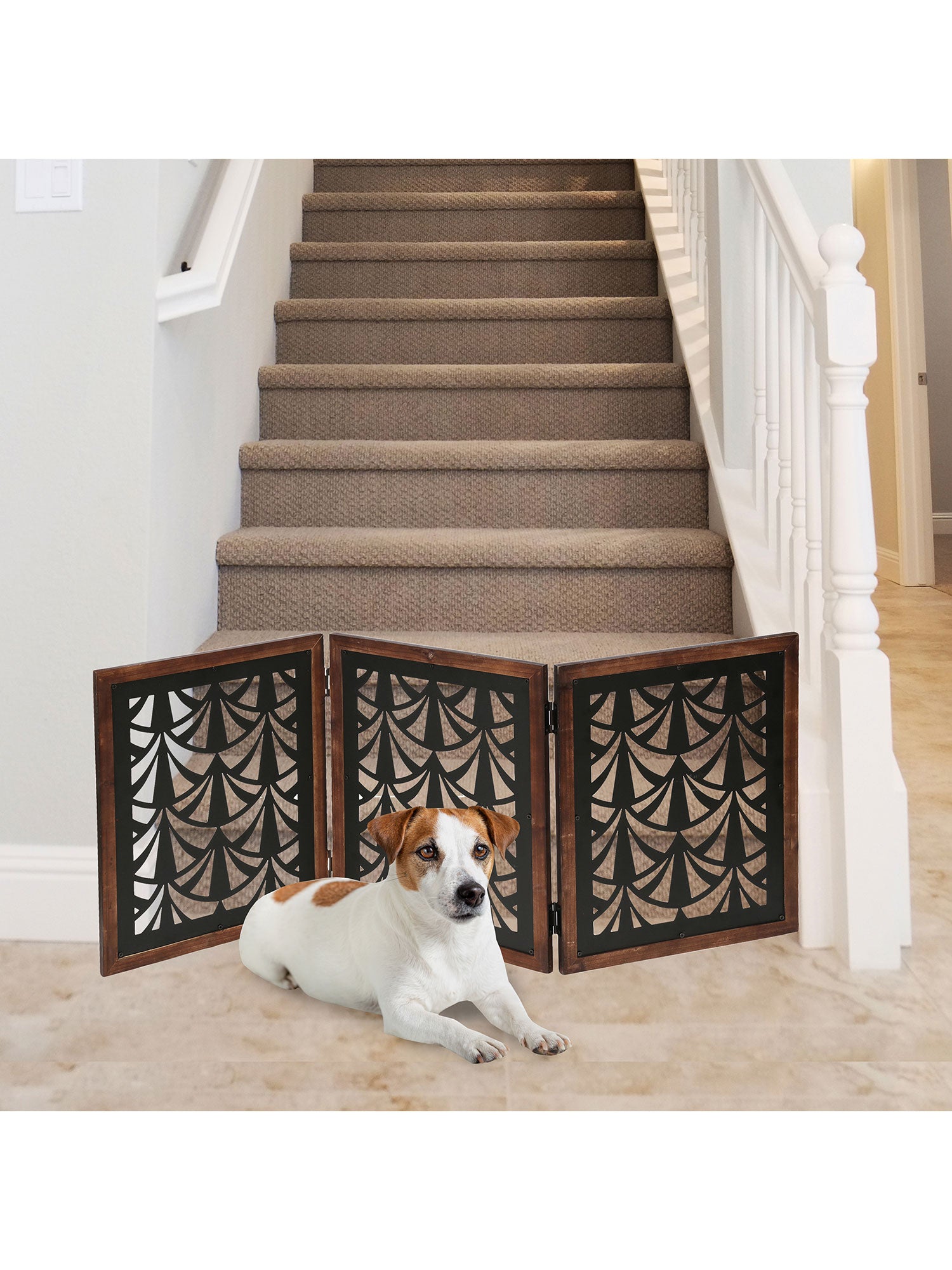 Free Standing Pet Gate - Wood with Metal Fans 3-Panel Dog Fence