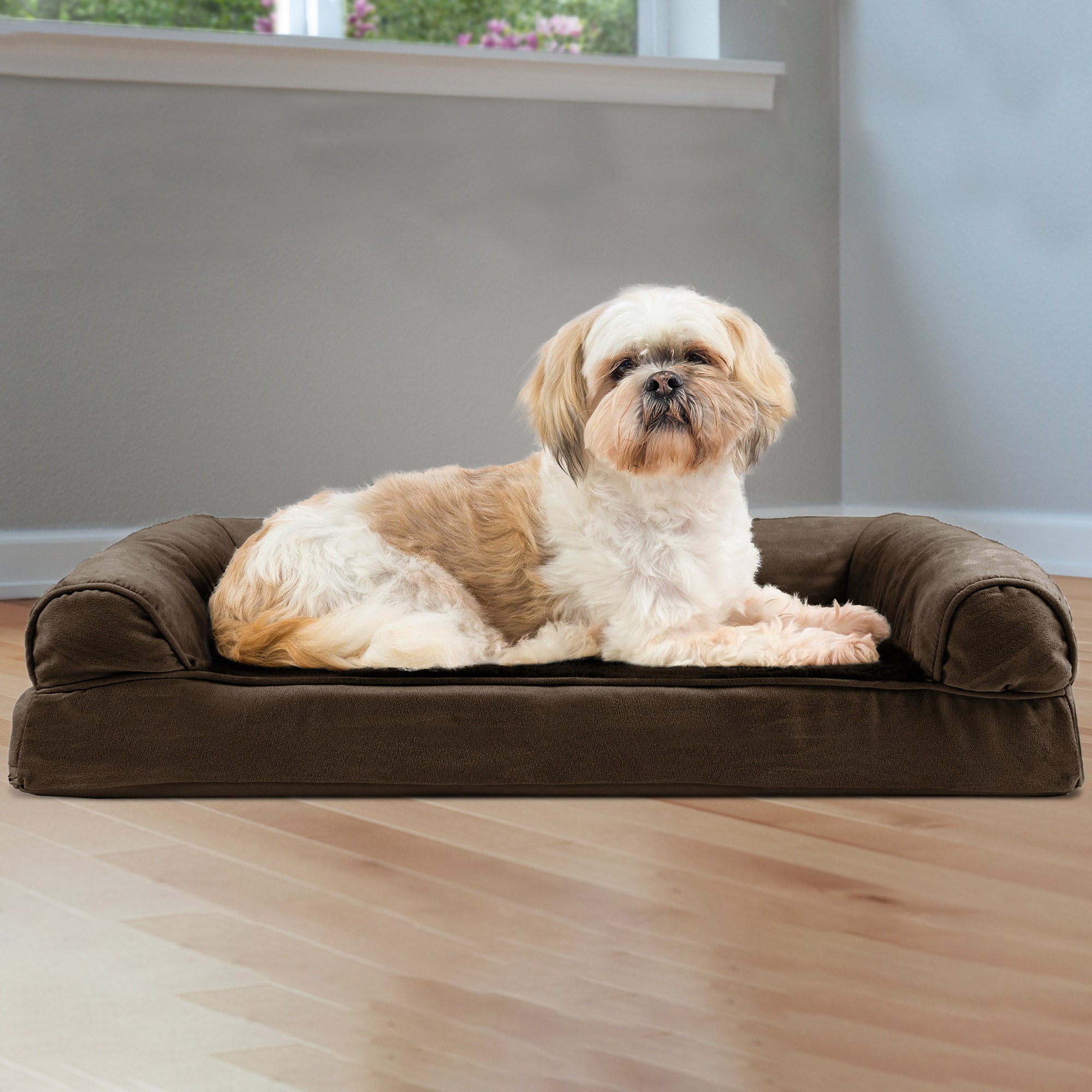 FurHaven Pet Products | Orthopedic Plush and Suede Sofa Pet Bed for Dogs and Cats， Espresso， Medium