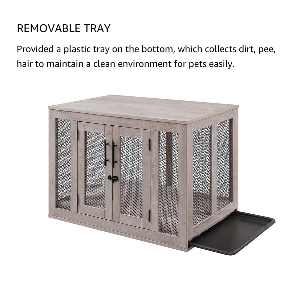 Unipaws Dog Crate Furniture with Cushion and Tray， Wooden and Metal Dog Kennels， Medium Pet Kennel End Table Indoor