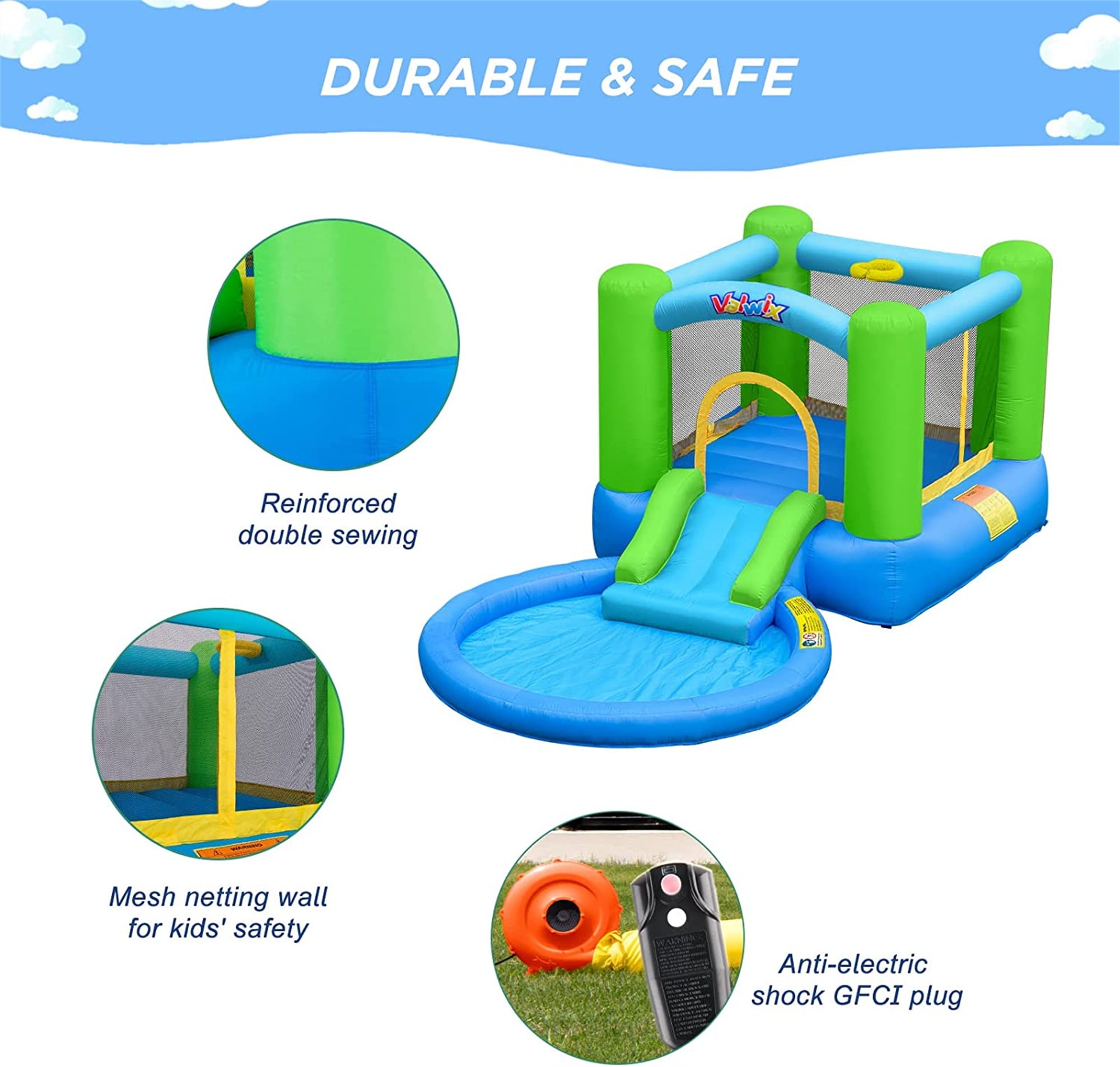 Valwix Inflatable Bounce House with Blower， Bouncy Castle w/ Waterslide and Pool for Wet Dry Combo， Bouncer w/ Repair Kits， Fun Bounce Area with Basketball Hoop