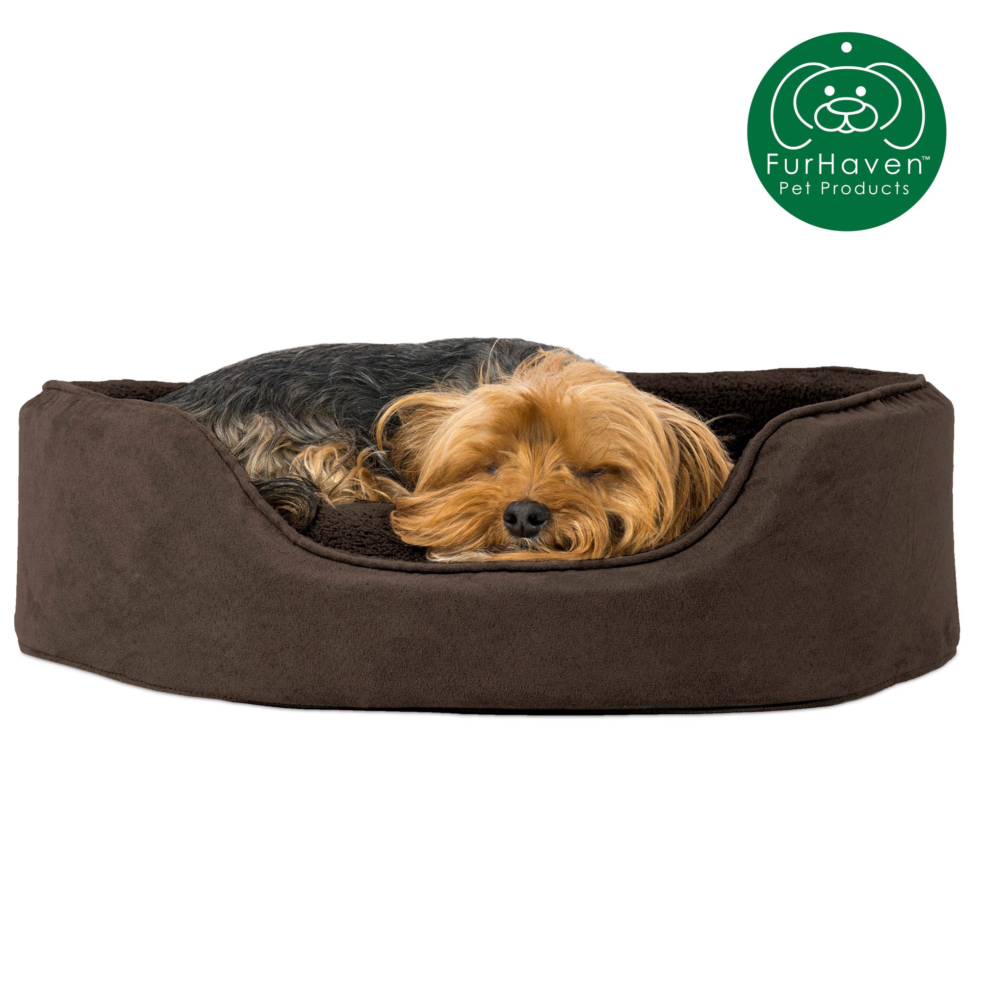 FurHaven | Oval Terry Fleece and Suede Pet Bed for Dogs and Cats， Espresso， Medium