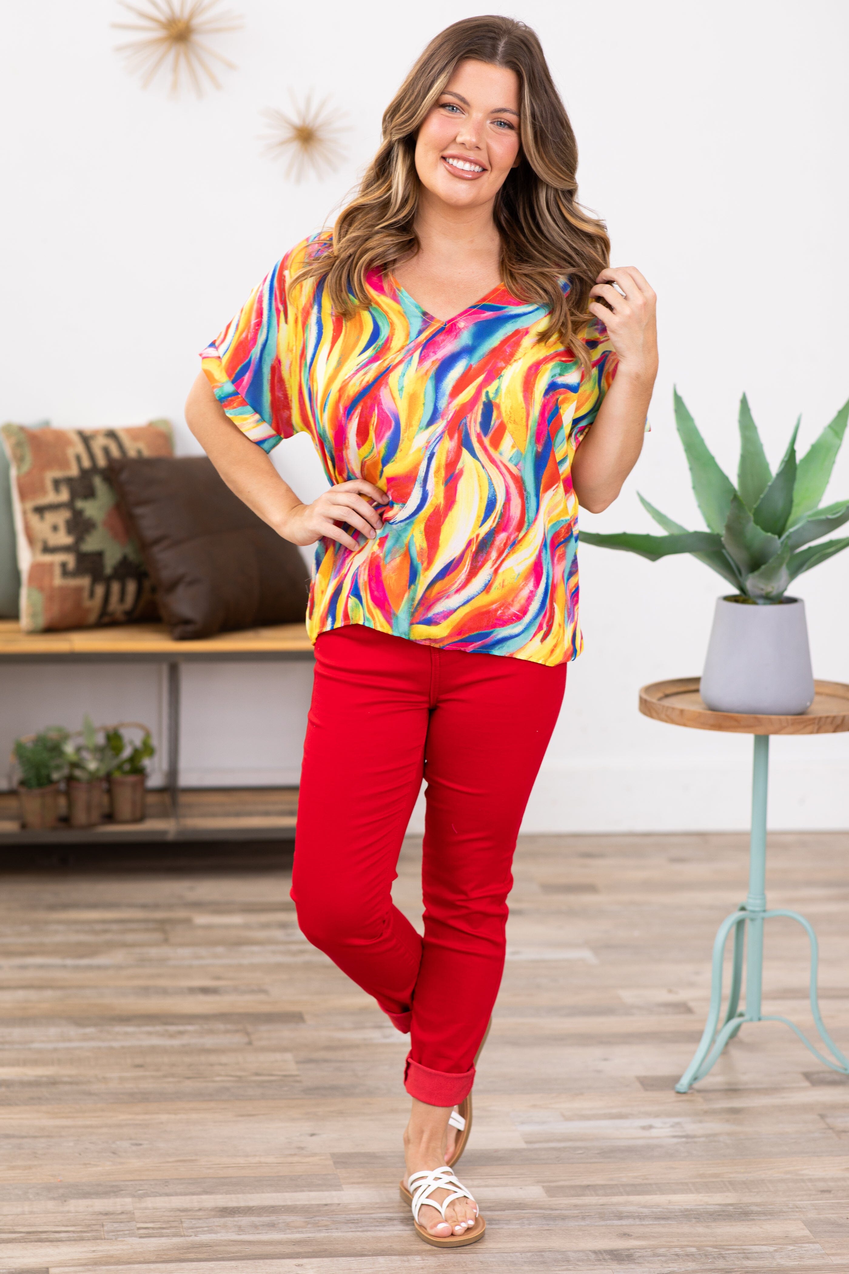 Red and Yellow Multicolor Abstract Print Top