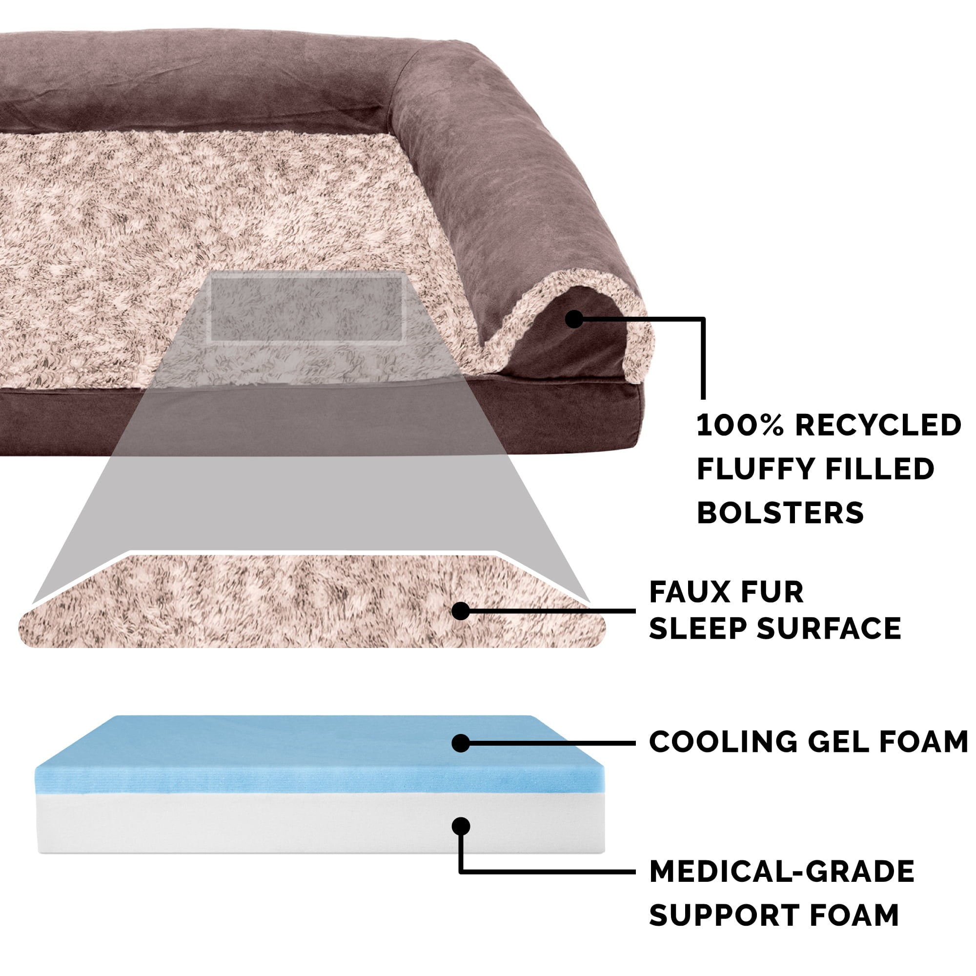 FurHaven Pet Products | Cooling Gel Memory Foam Orthopedic Two-Tone Faux Fur and Suede Sofa-Style Couch Pet Bed for Dogs and Cats， Espresso， Large