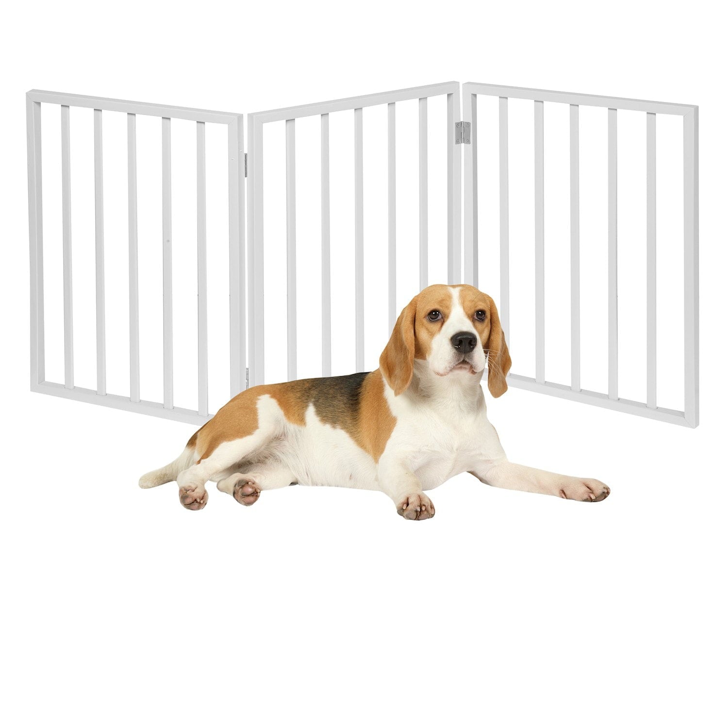 Freestanding Folding Wood Pet Gate -White Traditional Slat 54