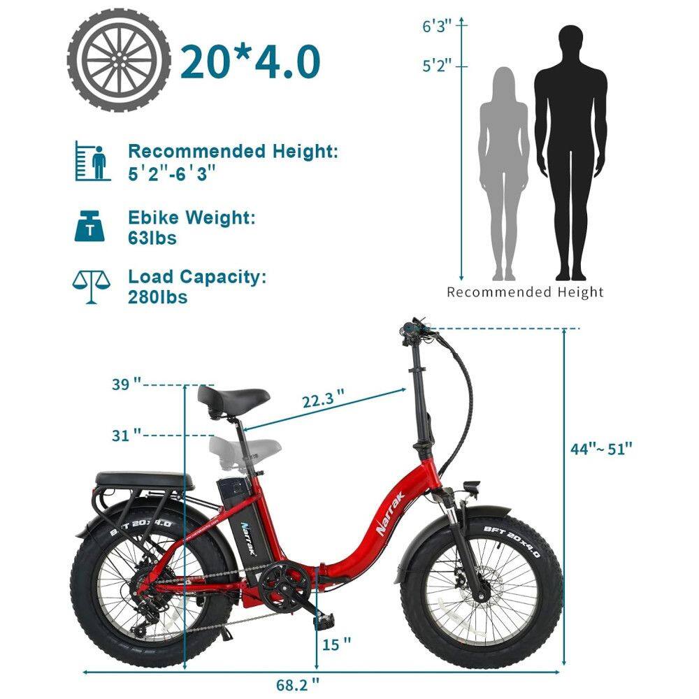 Bicicleta Elétrica Dobrável Narrak S129 Vermelho, Motor Traseiro 750W (Pico 1100W), Bateria 48V 13Ah (624Wh), Pneus Largos 20