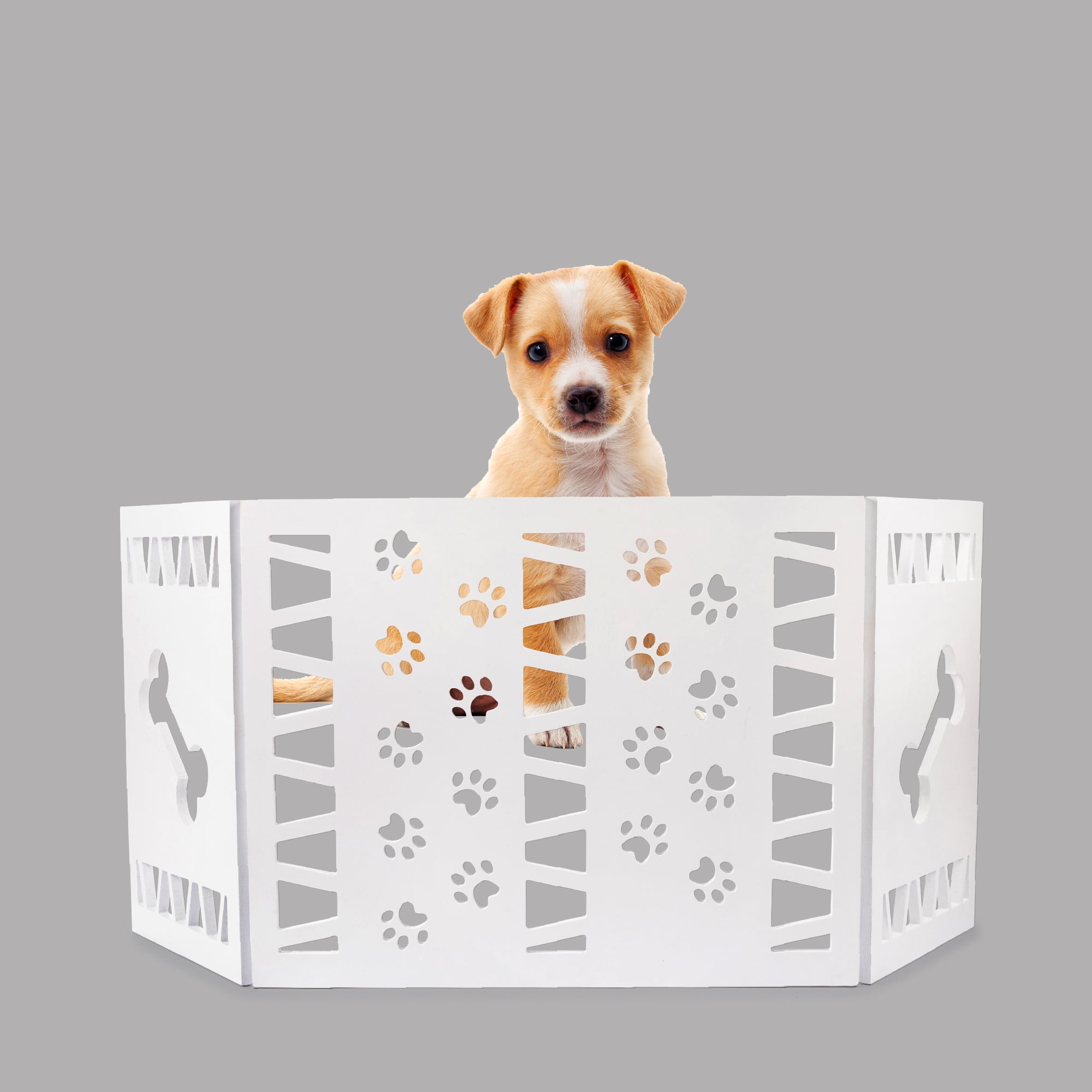 Hoovy Freestanding Decorative Pet Gate: Folding and Extending Dog and Puppy Gate for Home and Office Use | Keeps Pets Safe and Restricted to an Area | No Assembly Required (Paw Decor， White)