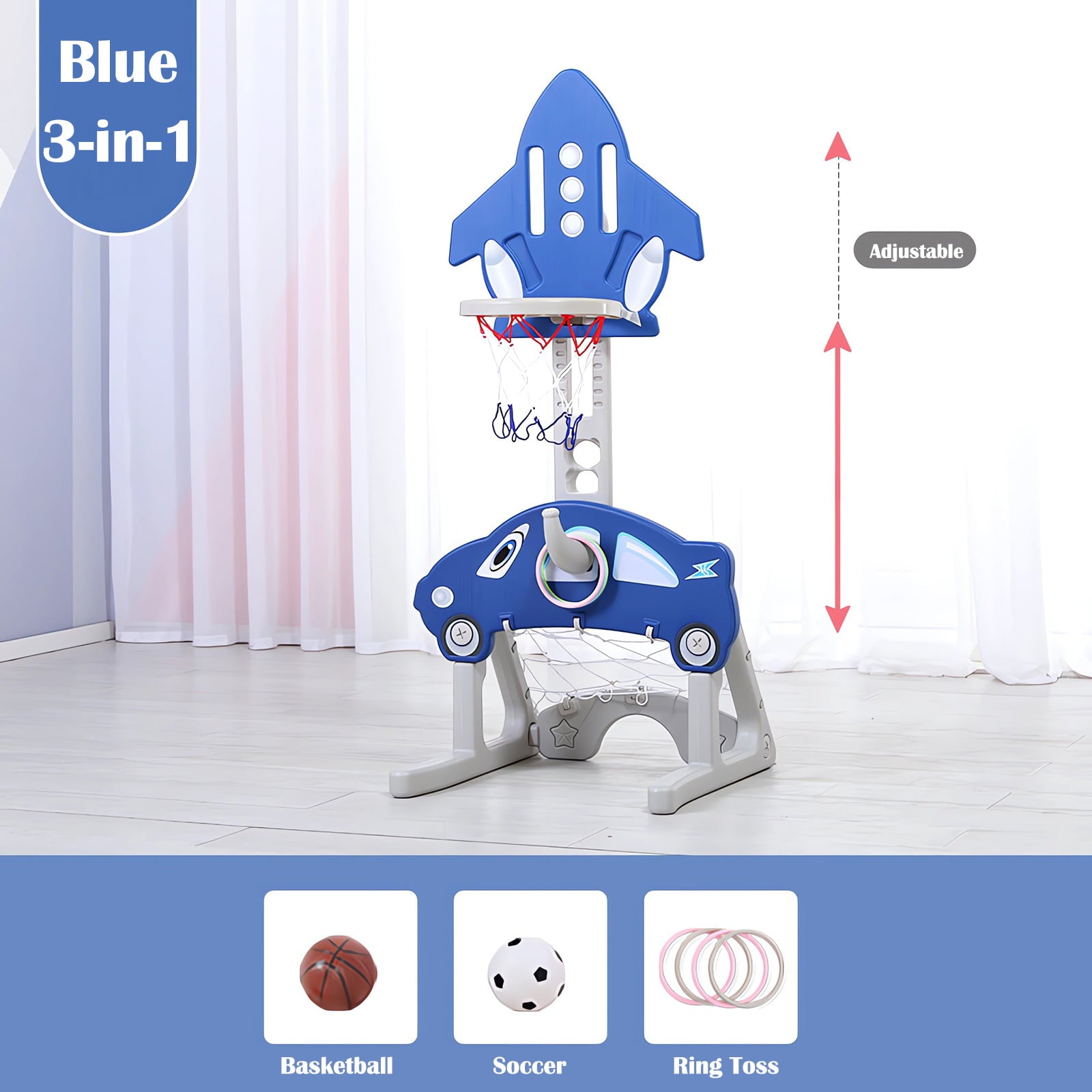 3-in-1 Junior Sports: Basketball， Soccer， Ring Toss Playset for 3Y+ Kids Indoor Outdoor