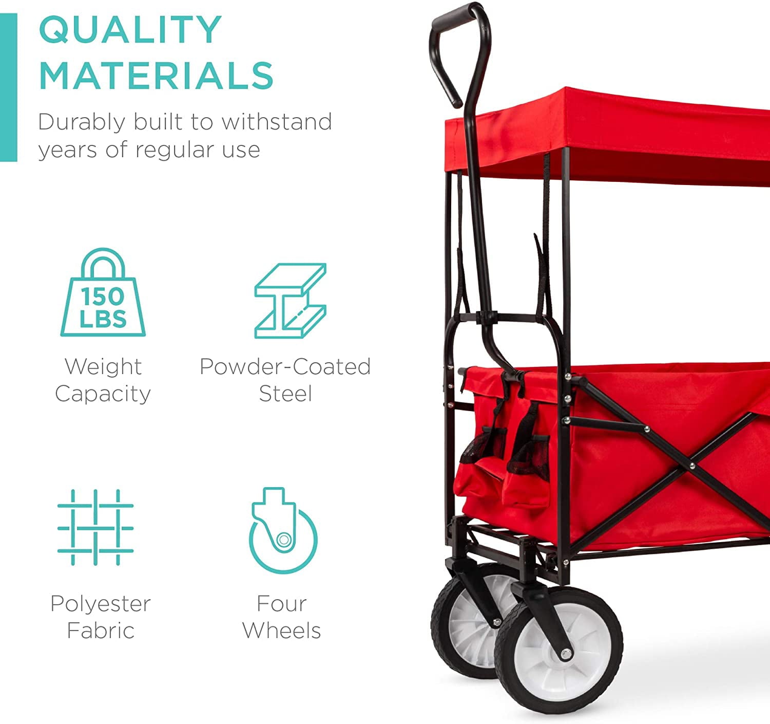 Folding Utility Cargo Wagon Cart w/Removable Canopy， Cup Holders - Red