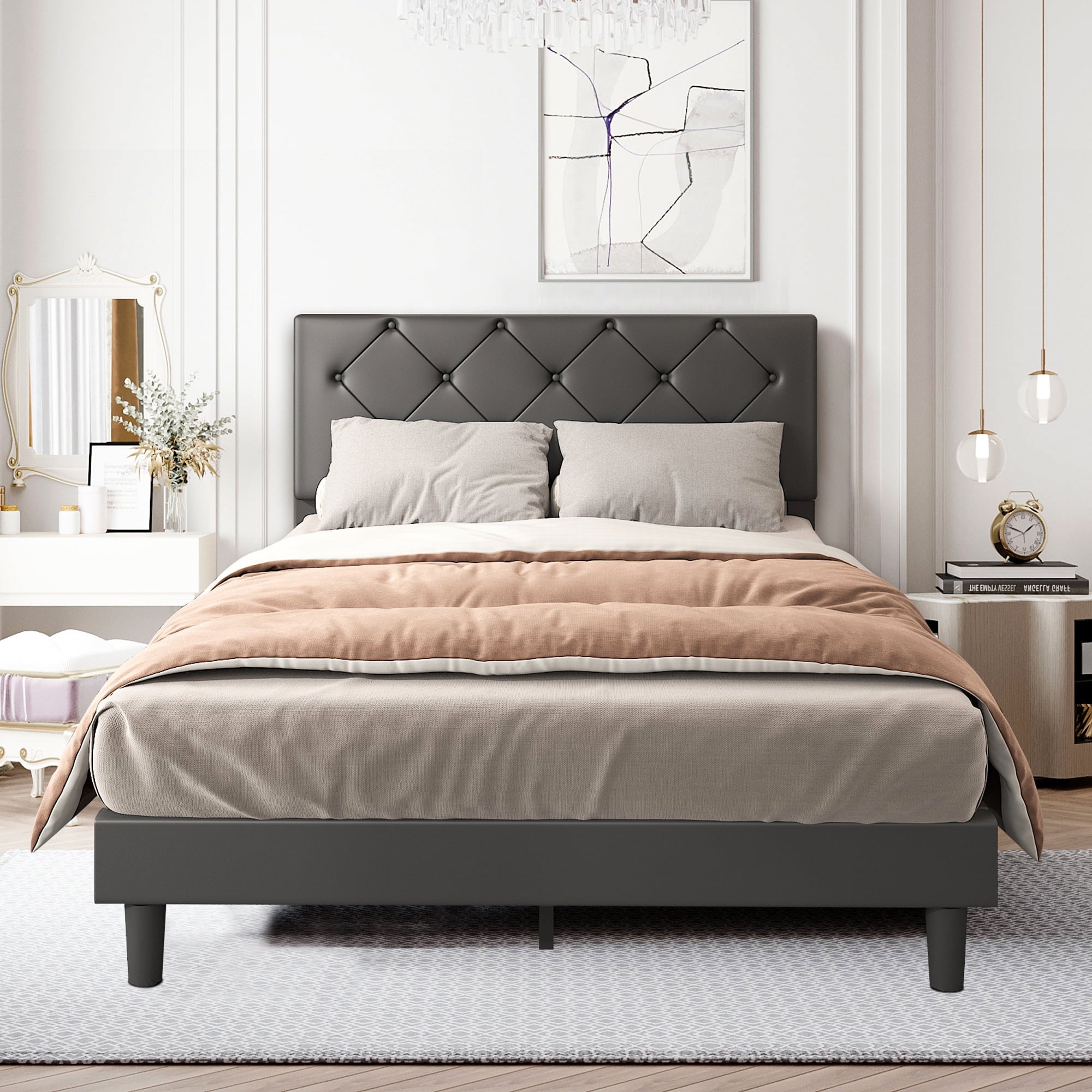 uhomepro Upholstered Platform Full Bed Frame for Adults Kids, Modern Black Full Bed Frame with Headboard, Wood Slat Support, Mattress Foundation, No Box Spring Needed