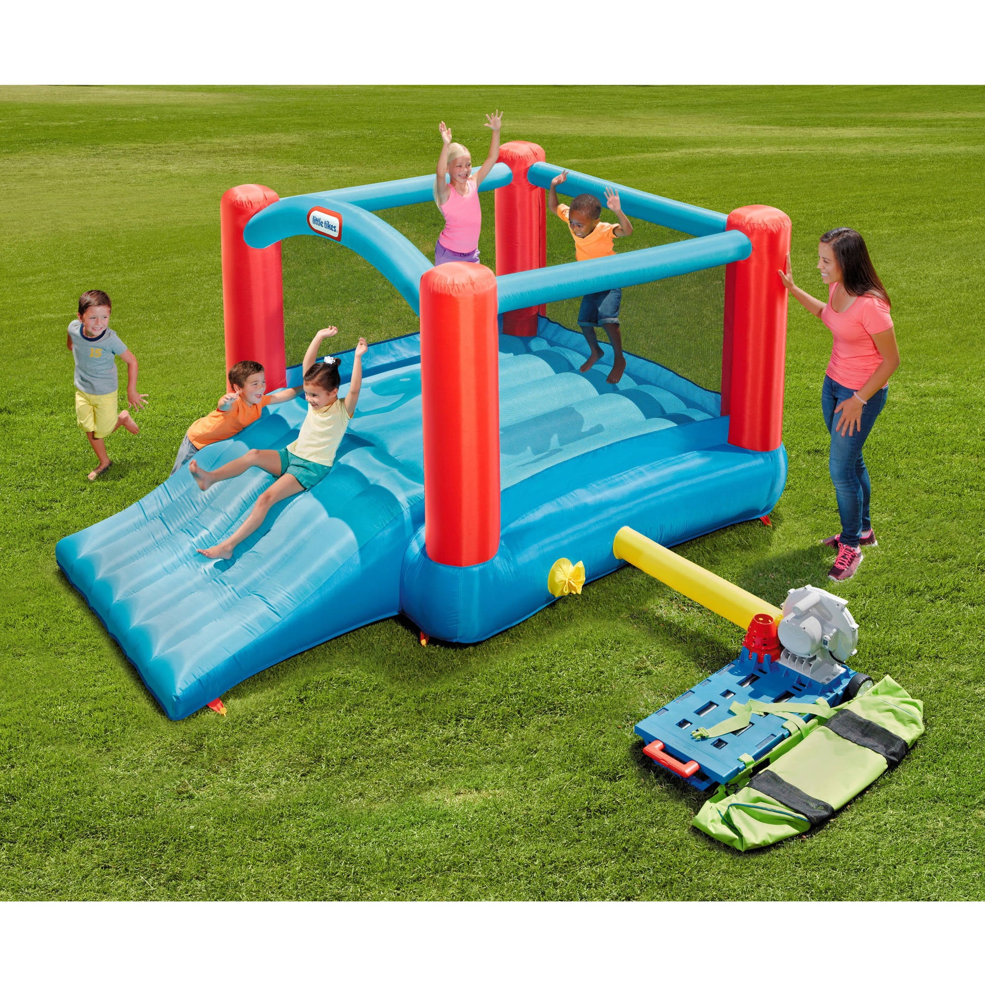 Little Tikes Pack 'N Roll 7'x7' Inflatable Bounce House with Slide， Blower and Wheeled Carry Case， Multicolor- Indoor Outdoor Toy for Kids Girls Boys Ages 3 4 5+