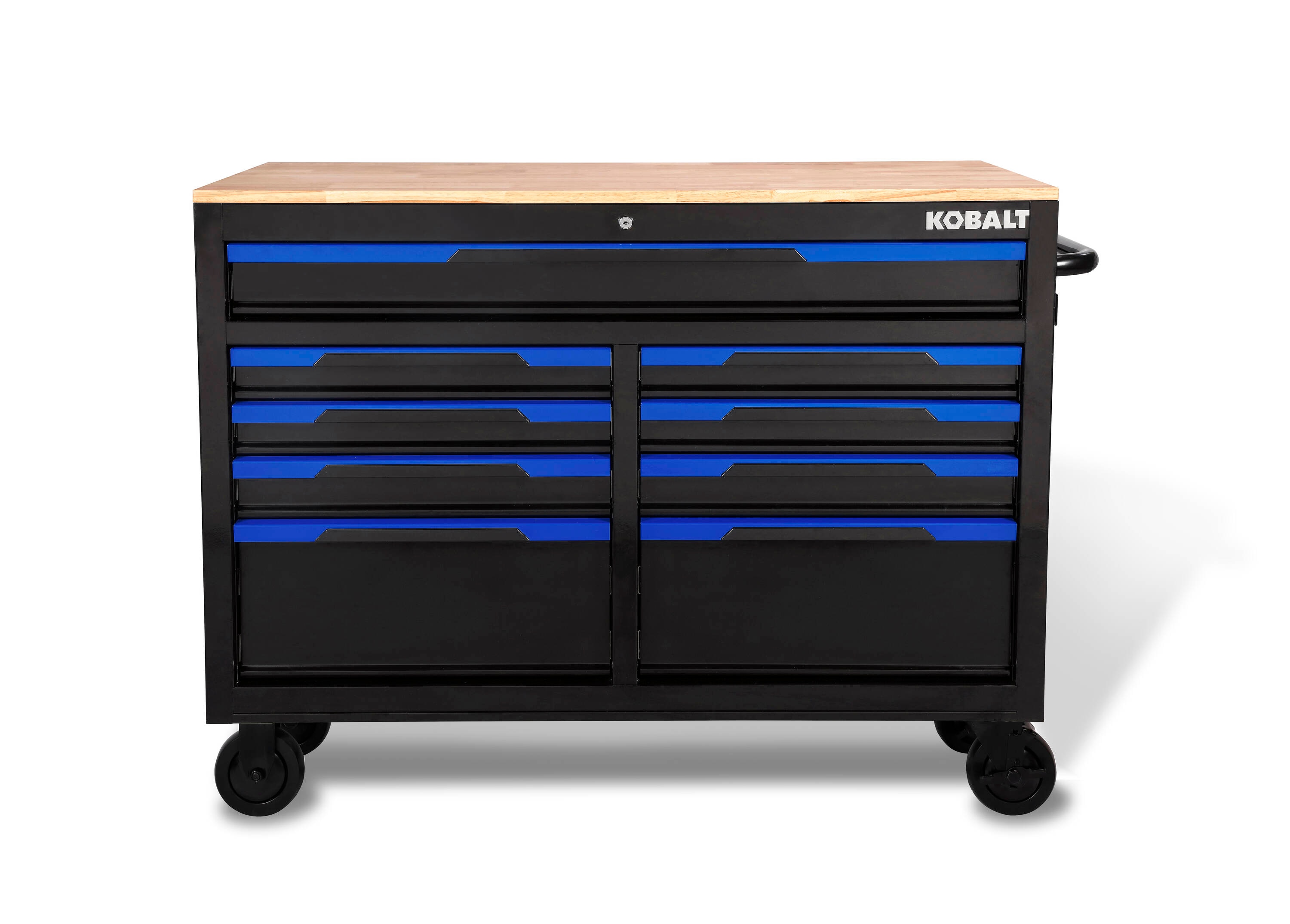 Bancada de trabalho Kobalt com 9 gavetas, 117 cm de comprimento x 94,5 cm de altura, em madeira preta/azul, com rodízios.