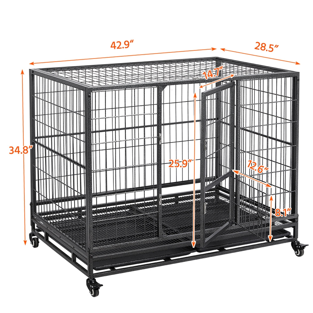 Yaheetech L43.5xW28.5xH35'' Rolling Dog Crate Metal Dog Cage with Wheels and Litter Pans For Medium/Large Dogs， Black