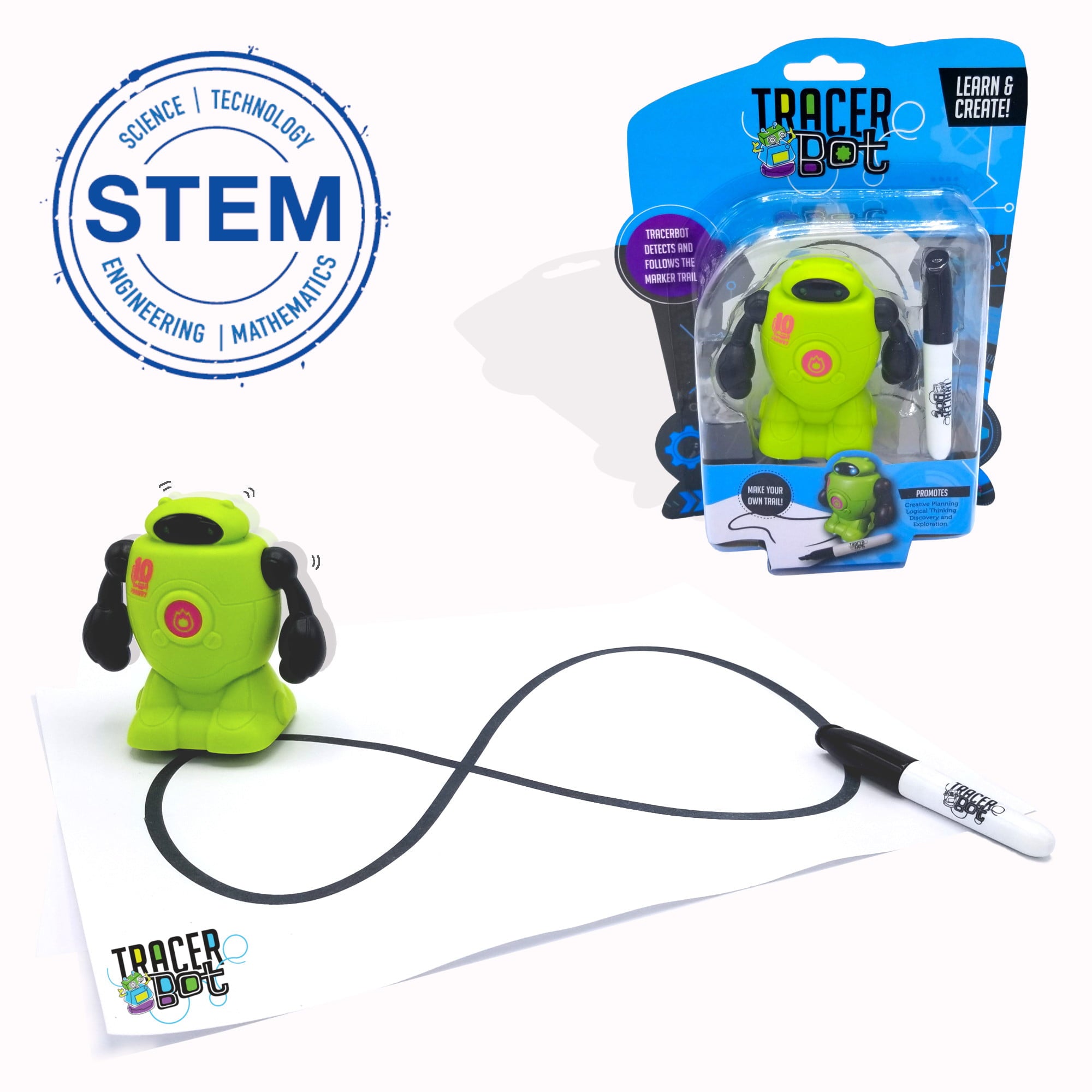 MUKIKIM Tracerbot - Green – Mini Inductive Robot That Follows The Black Line You Draw. Fun， Educational， and Interactive Stem Toy with Limitless Ways to Play! Promotes Logic and Creativity Training