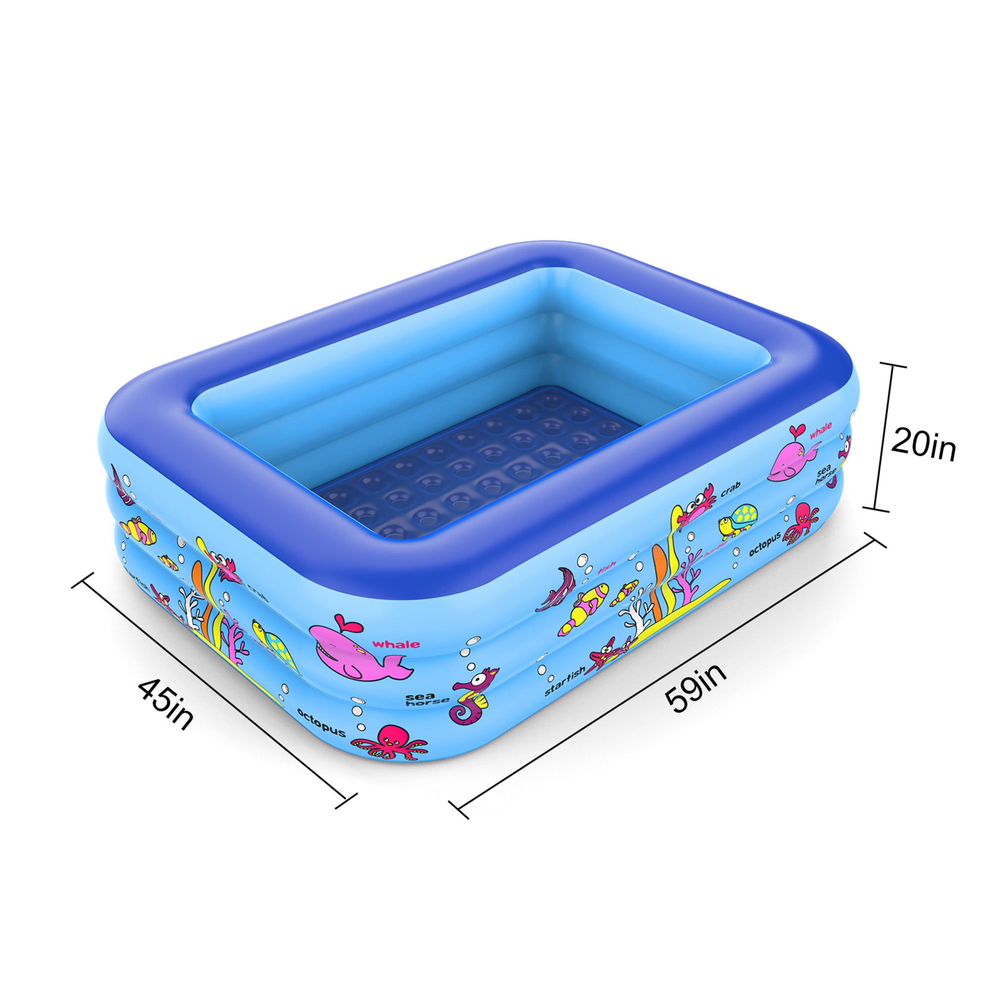 Growsly Summer Pool For Kid 3 Rings Large Inflatable Rectangle Swim Pool， Inflatable Swim Pool， 59