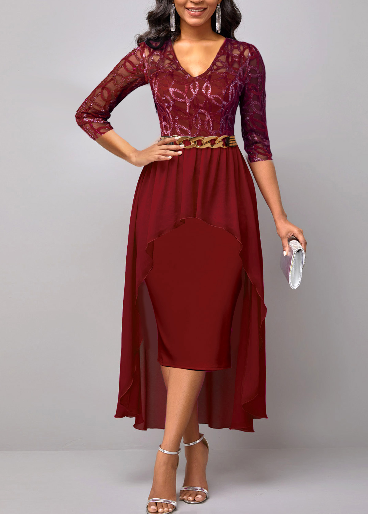 Lace Patchwork Wine Red 3/4 Sleeve Dress