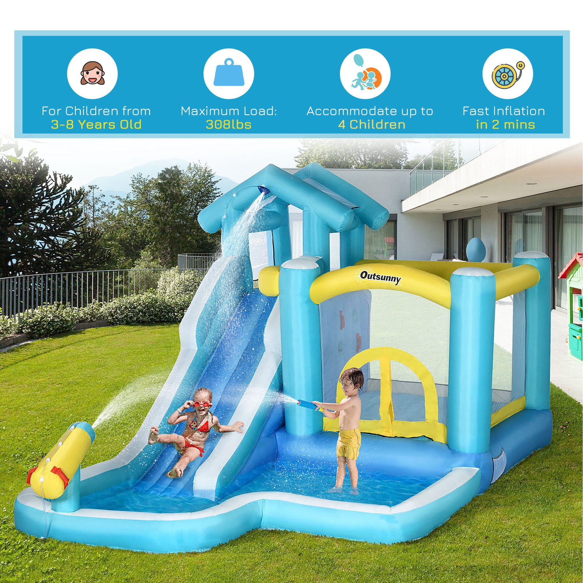 Outsunny 5-in-1 Inflatable Water Slide， Kids Castle Bounce House with Slide， Trampoline， Pool， Cannon， Climbing Wall Includes Carry Bag， Repair Patches， Ocean Balls， 680W Air Blower