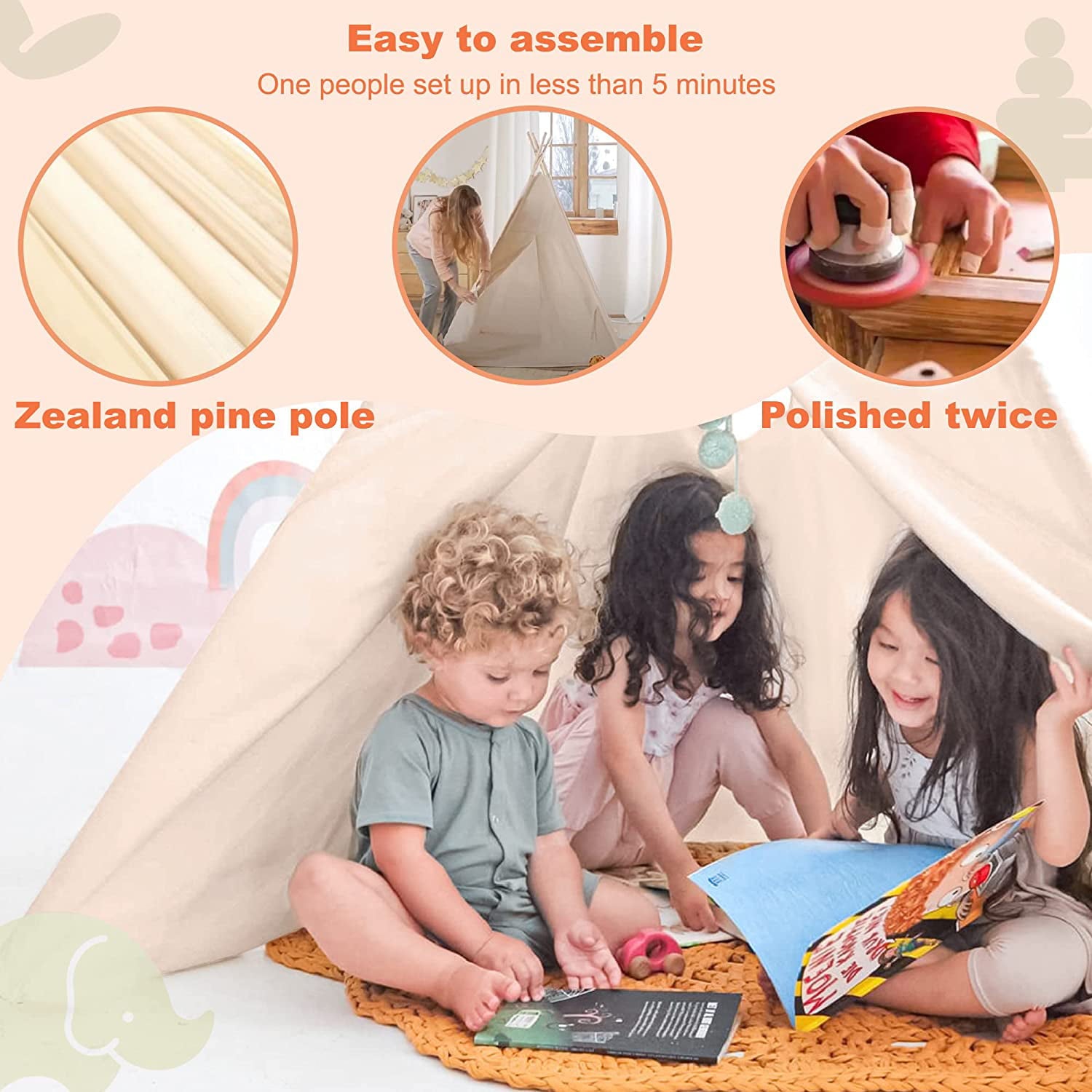 Foldable Kids Teepee Tent, Play Tents for Girl and Boy with Window Canvas Tepee Playhouse for Child Indoor Outdoor