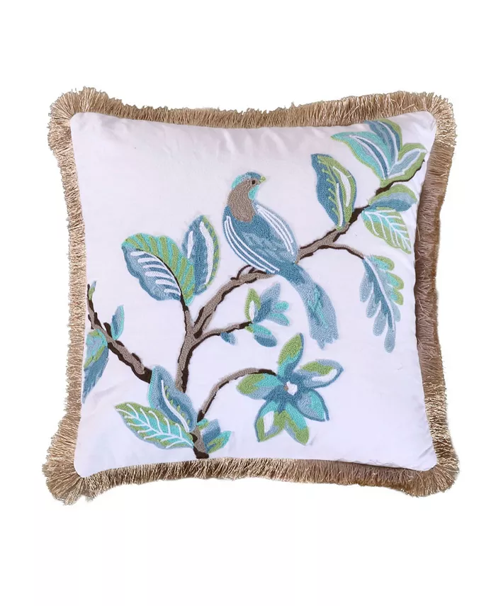 Levtex Cressida Crewel Bird Fringe Trim Decorative Pillow， 18
