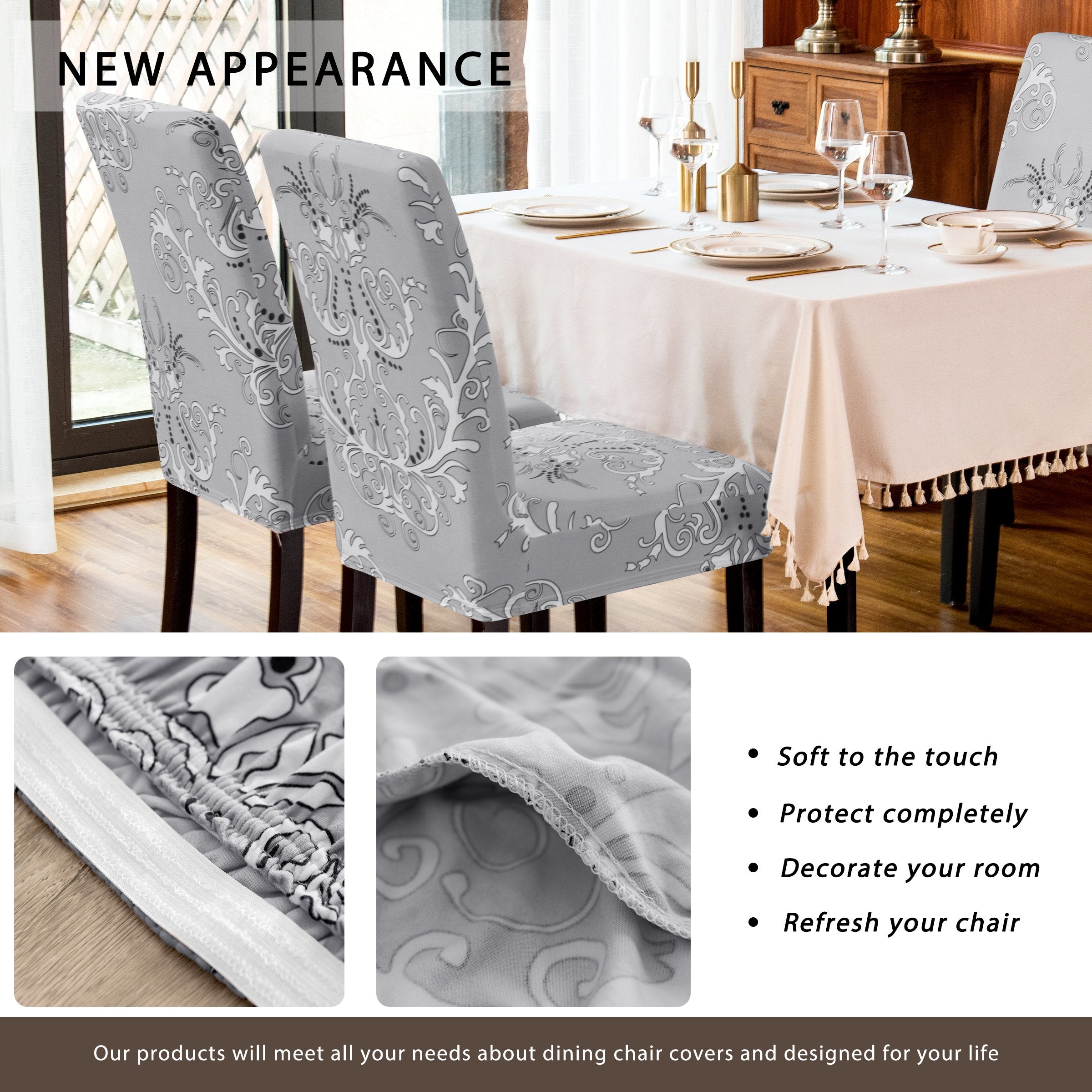 Subrtex Stretch Dining Chair Covers with Elastic Bottom, Printed&nbsp;Floral Stylish Furniture Protector (Set of 4, Gray)