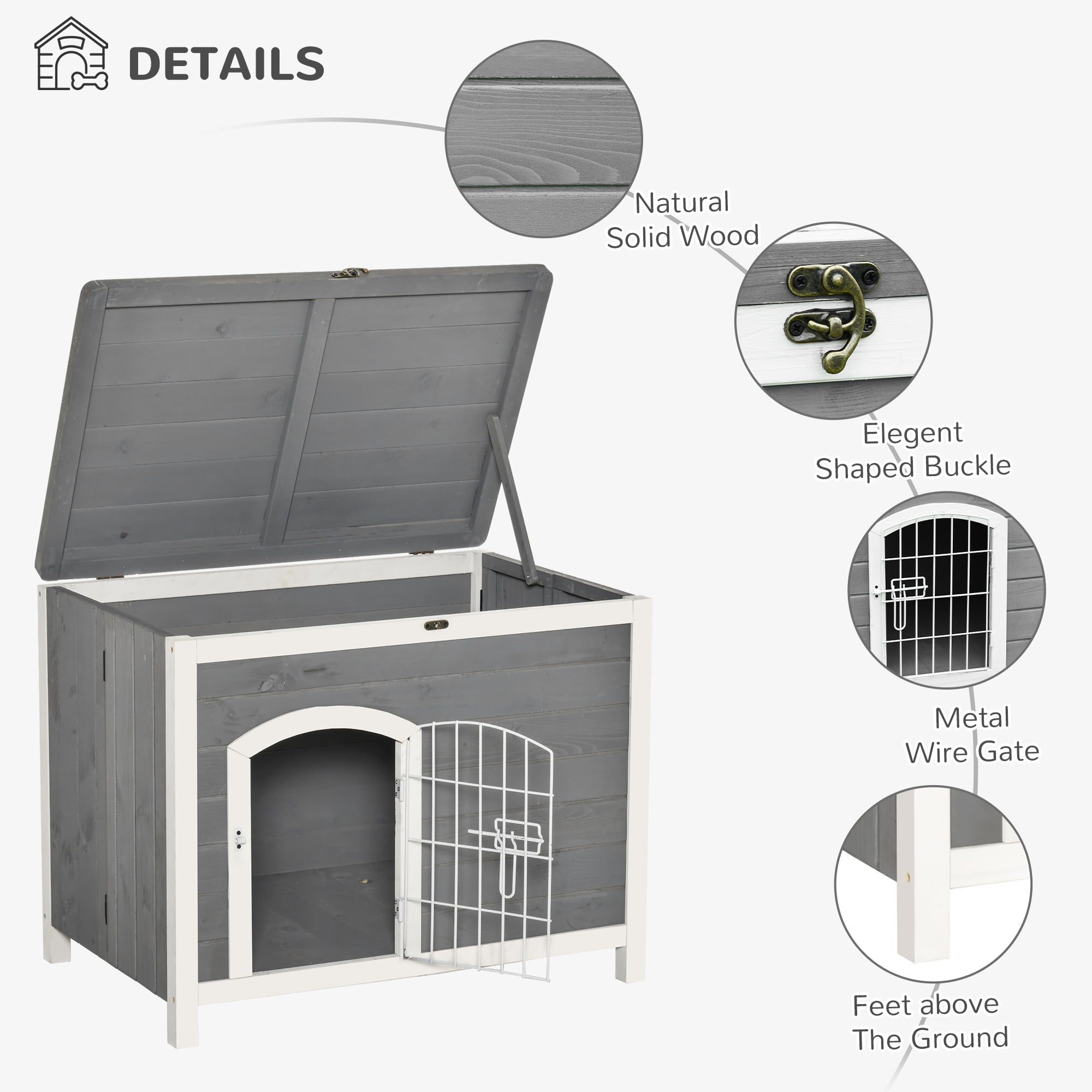 OWSOO Foldable Raised Wooden Dog House Indoor and Outdoor Dog Cage Kennel Cat House w/ Lockable Door Openable Roof Removable Bottom for Small and Medium Pets Grey