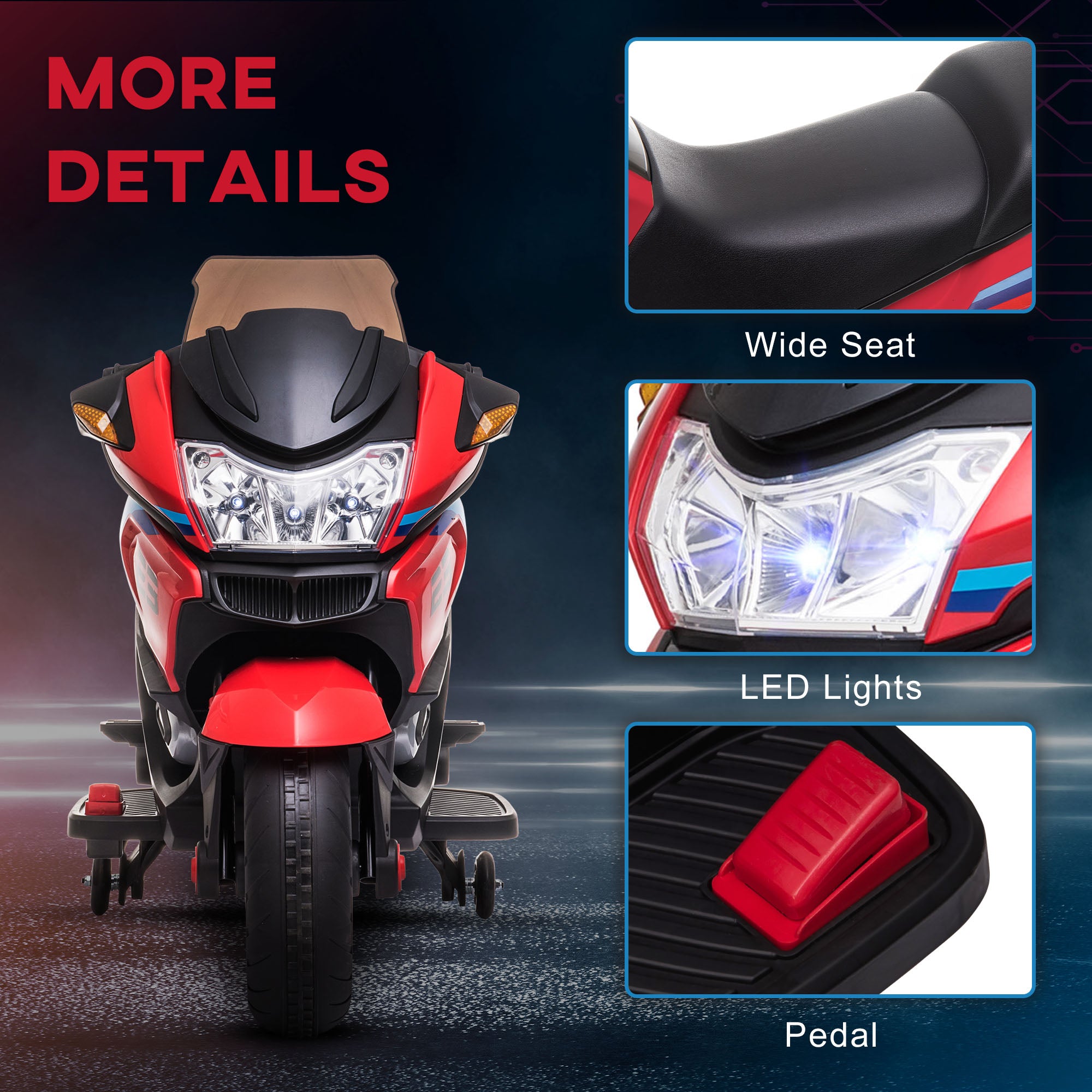 Aosom 12V Kids Electric Motorcycle with Training Wheels， Roaring Engine Design Battery Power Motorbike for Ages 3-8， High-Traction at 3.7 Mph Top Speed， with Light Music， Red