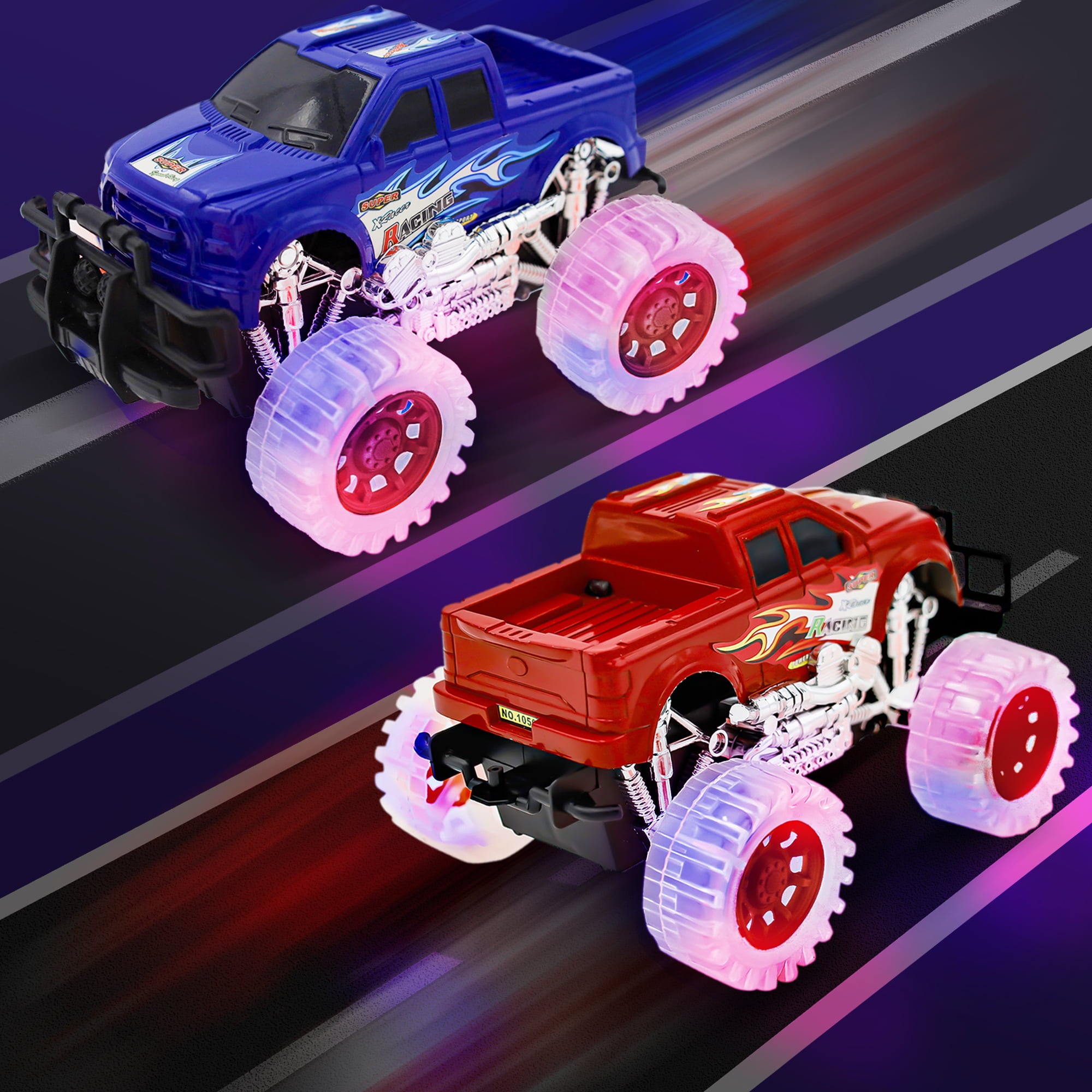 JoyX 2 Pack Light Up Monster Truck Car Toy with Beautiful Flashing LED Tires， Best Birthday Gift for Boy Girl Ages 3+， Push n Go Cars， Toy， Race Truck Car for Kid Party Favors and Daily Play