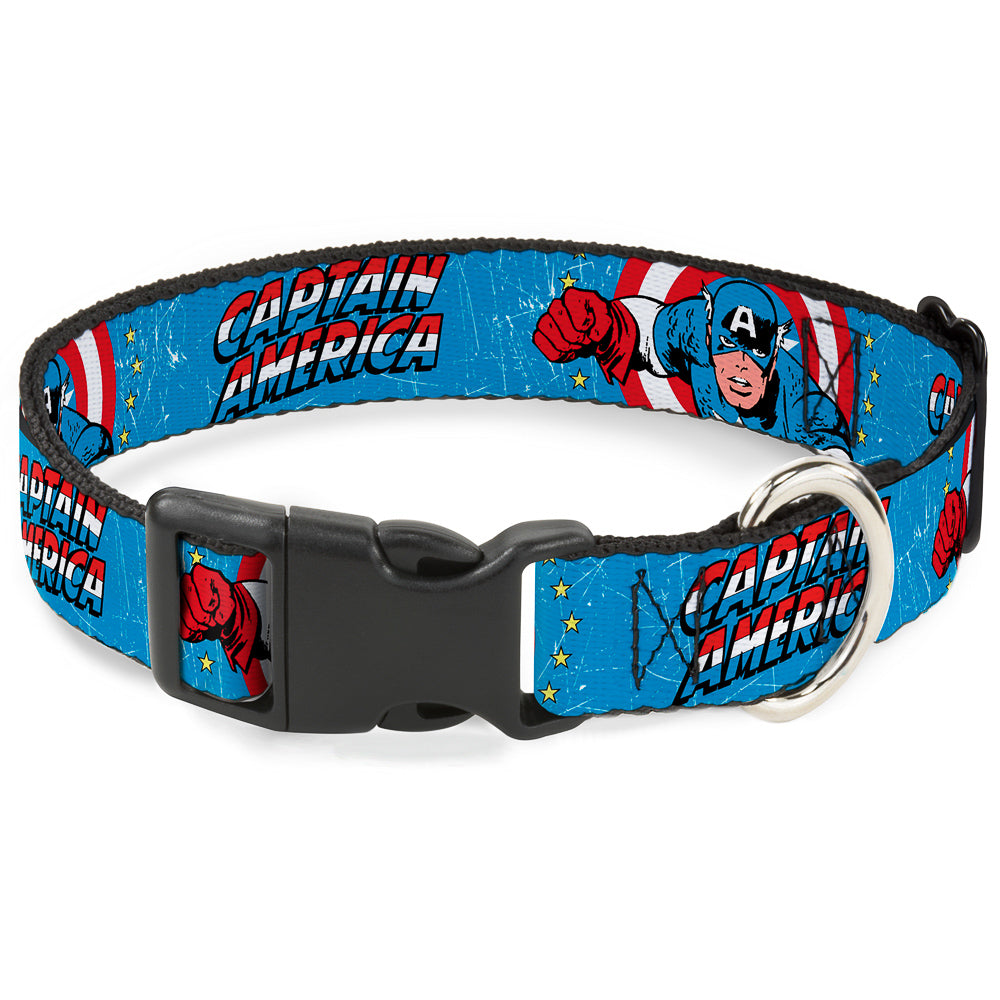Marvel Comics Pet Collar， Dog Collar Plastic Buckle， Captain America Action Pose Weathered Blue， 7 to 8.5 Inches 0.5 Inch Wide