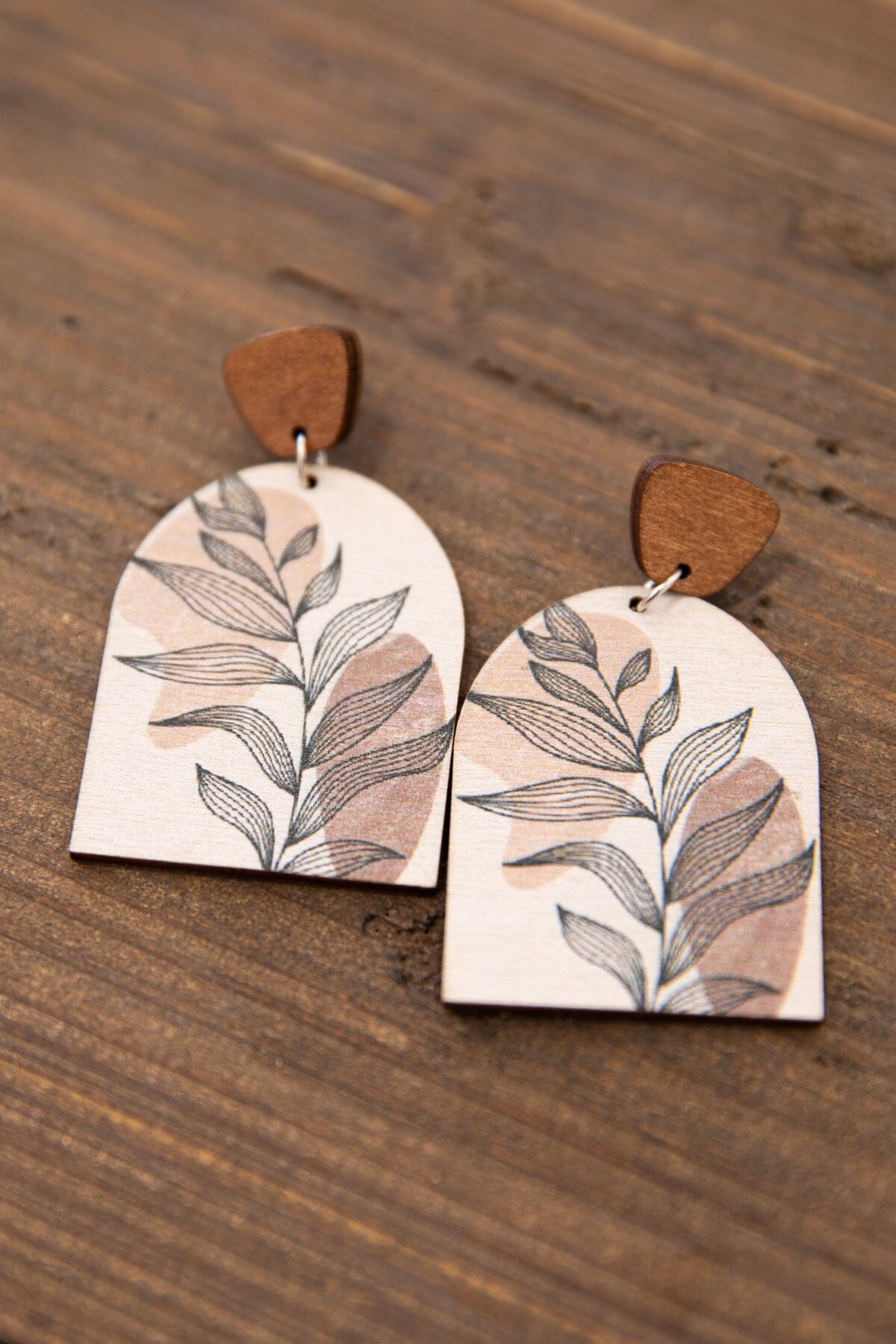 White Multicolor Leaf Print Wood Earrings