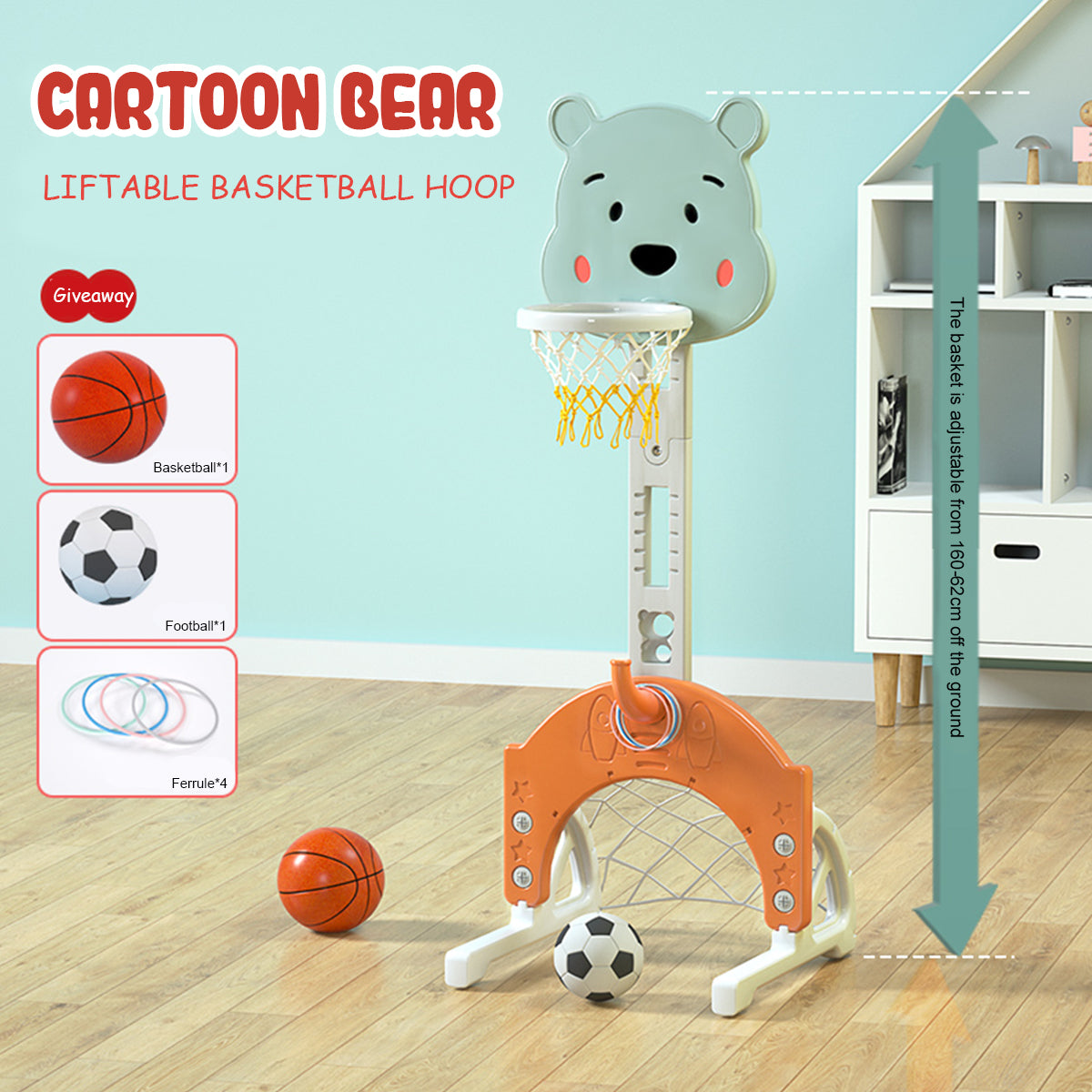 Basketball Hoop Set Stand， Kids 3-in-1 Sports Activity Center， Adjustable Basketball Stand Set with Ring Toss/Basketball /Football