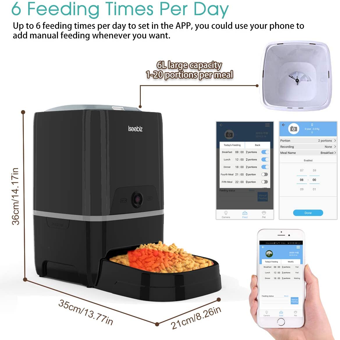 Automatic Pet Feeder with HD Camera， 6L App Control Smart Food Dispenser for Cats Dogs， Remote Feeding， 2-Way Audio， Voice Remind and Record， Compatible with Alexa