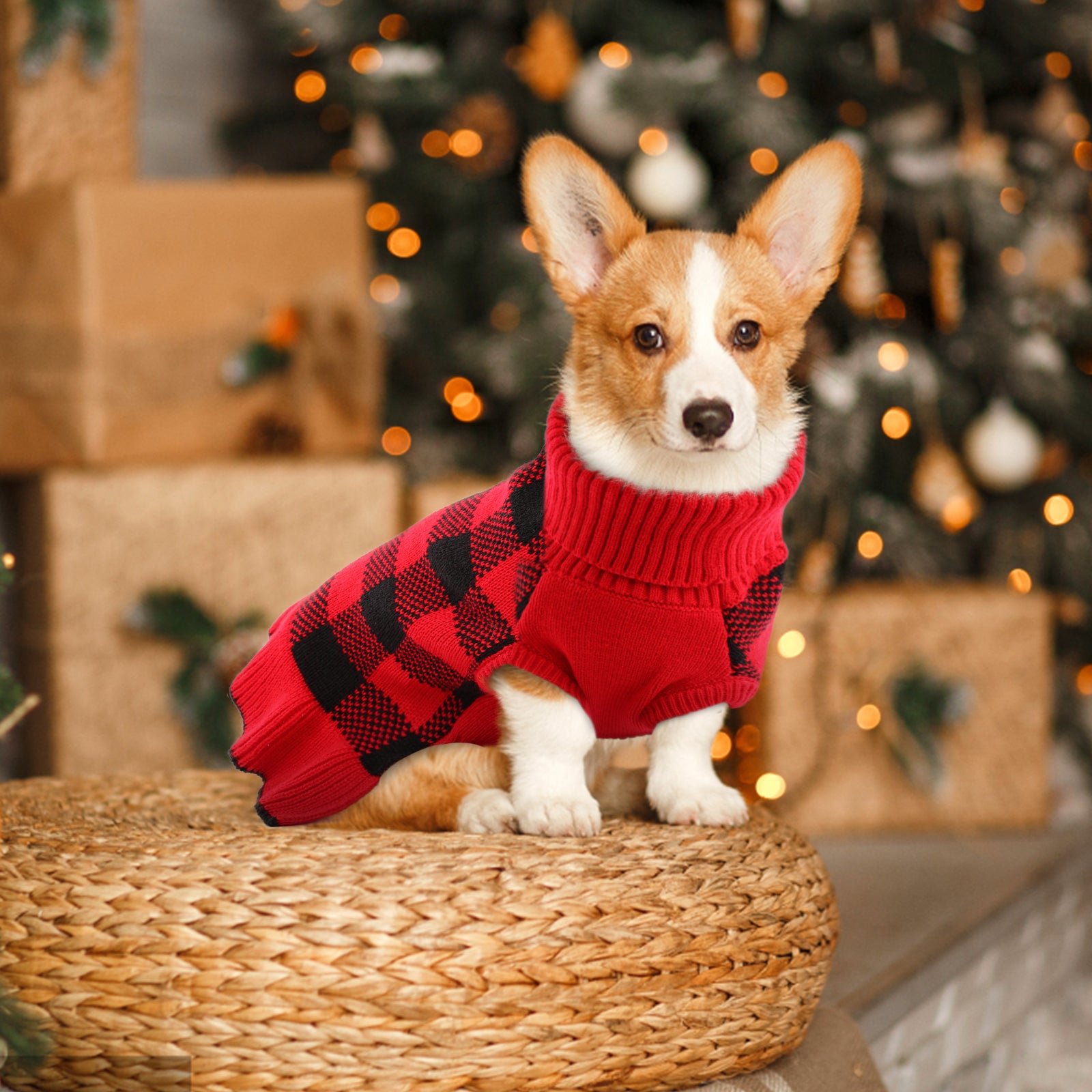 QBLEEV Pet Dog Sweaters Dress for Small Medium Dogs，Dog Knitwear Warm Turtleneck Pullover Puppy Sweater，Cute Pet Plaid Vest Dress with Leash Hole， Cozy Pet Fall Winter Clothes Christmas Apparel