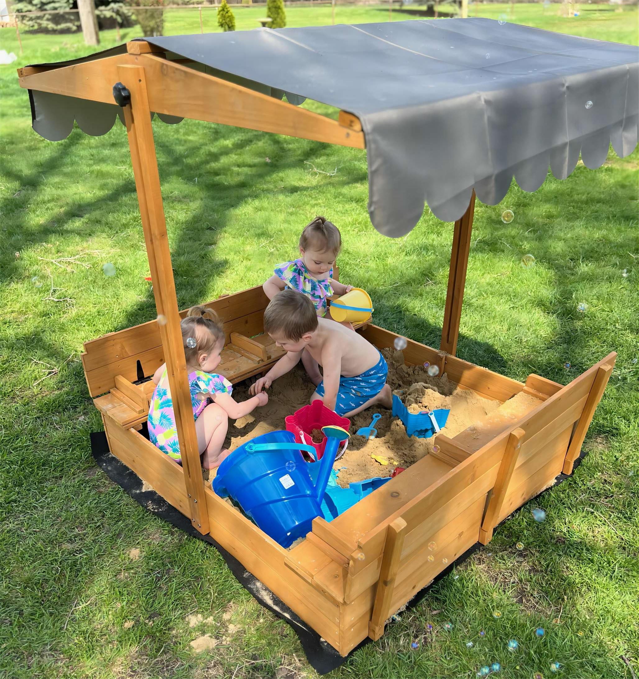 Morgete 47'' Outdoor Sandbox for Kids with Lid and Bench， Wooden Sand Play Toys Center