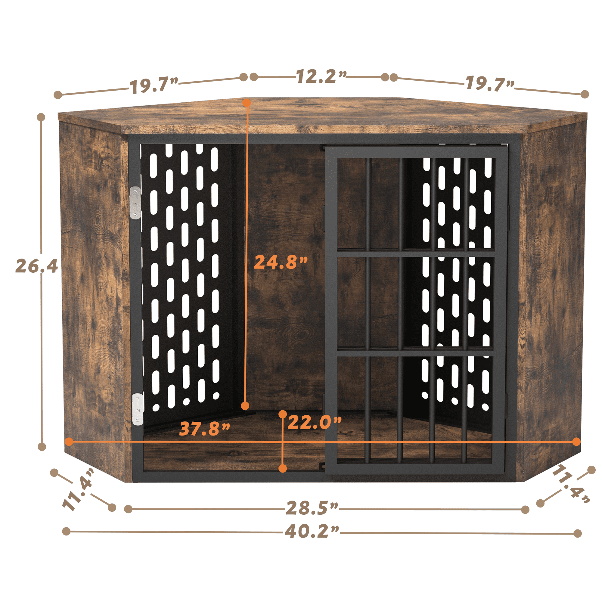 Corner Dog Crate Furniture for Small to Medium Dog， Wood Dog Kennel for Trained Dogs， Rustic Brown