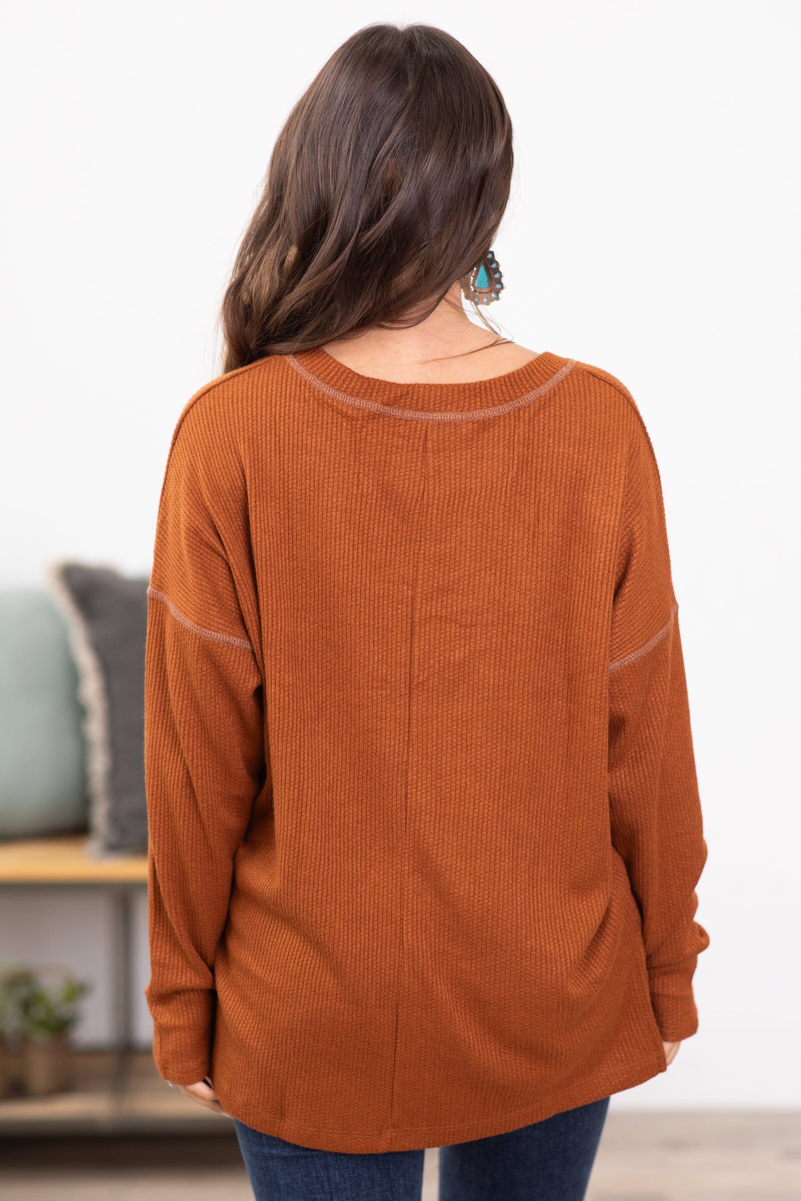 Rust V-Neck Contrast Stitch Top