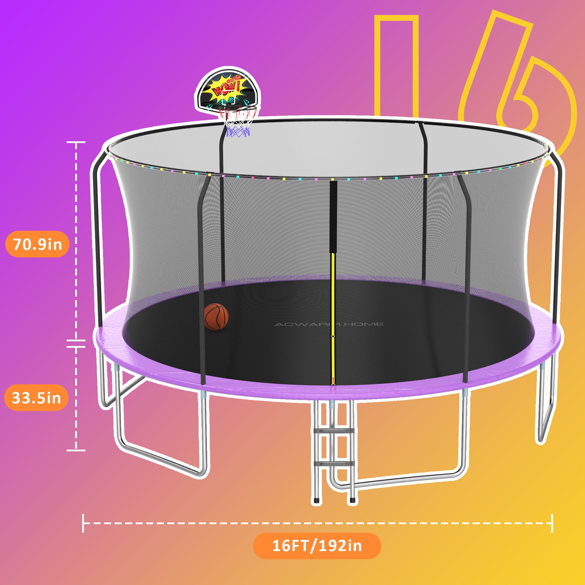 ACWARM HOME 16FT Purple Big Trampoline with Ladder and Basketball Hoop