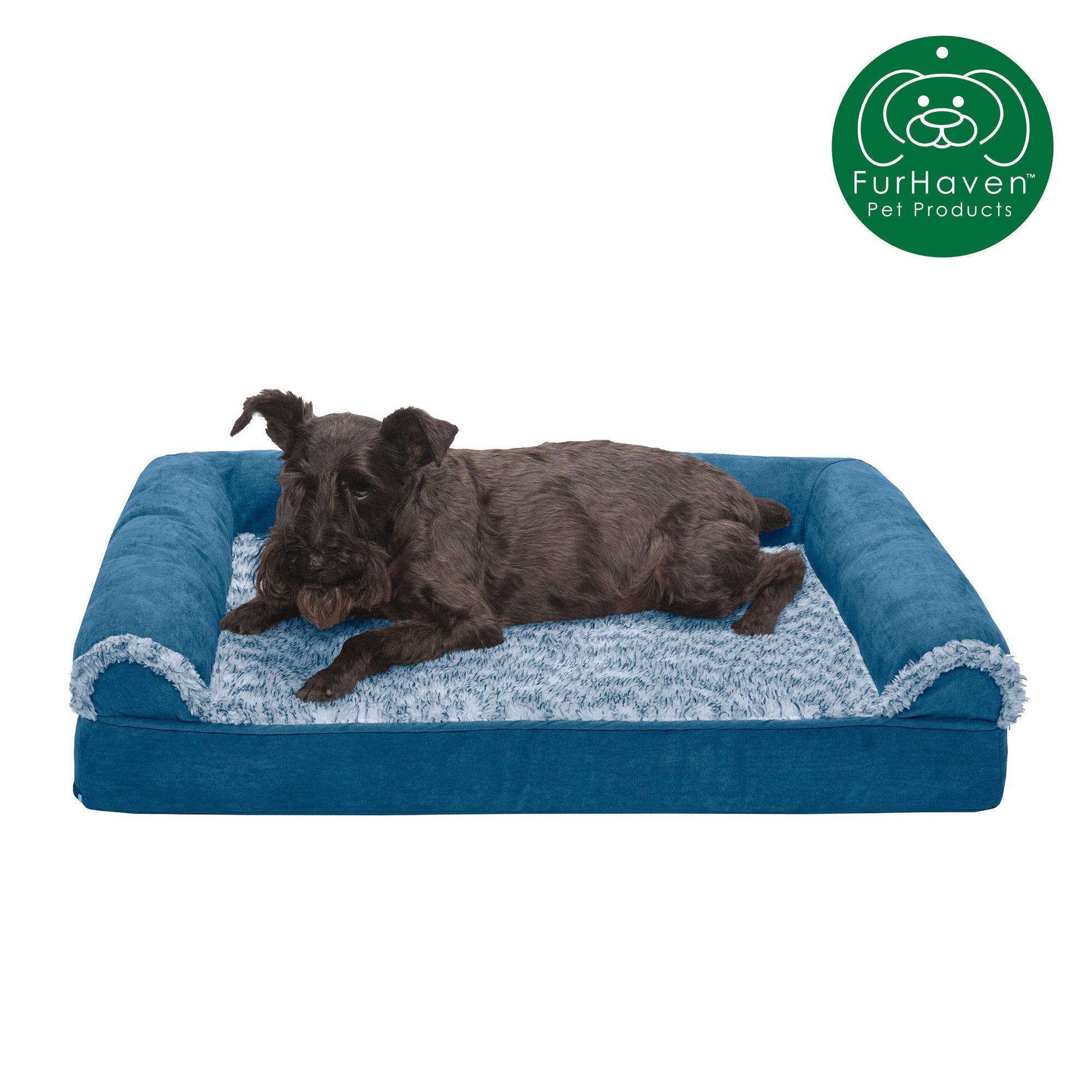 FurHaven Pet Dog Bed | Orthopedic Two-Tone Faux Fur and Suede Sofa-Style Couch Pet Bed for Dogs and Cats， Marine Blue， Medium
