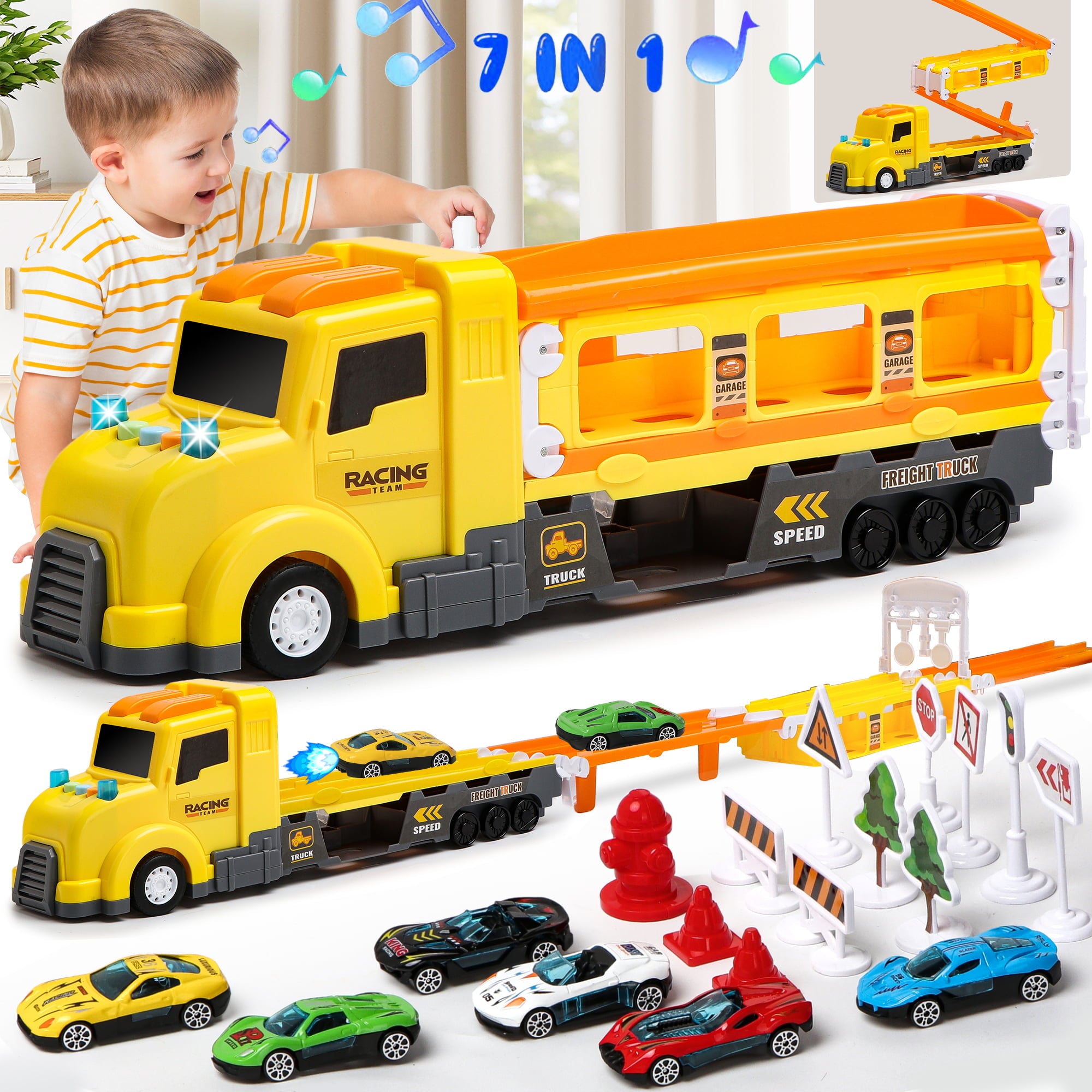 Beefunni Car Carrier Truck for Kids Age 3-8 Sound and Light Transport 7 in 1 Vehicle Playset Racing Game w/ Launch Track