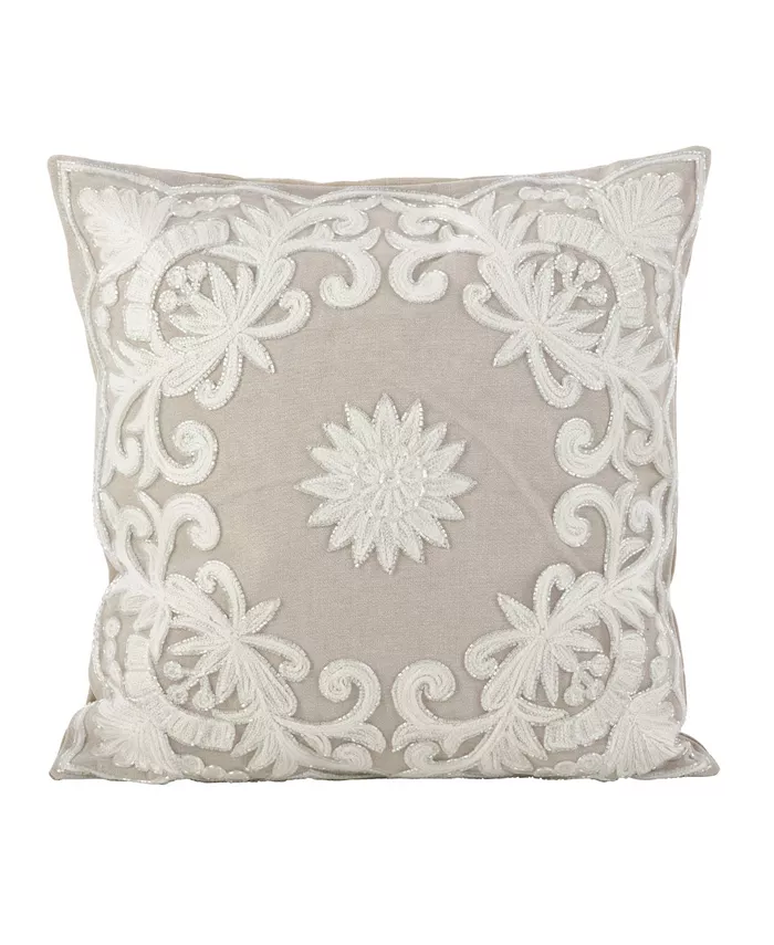 Saro Lifestyle Embroidered Floral Design Beaded Cotton Polyester Filled Throw Pillow， 18
