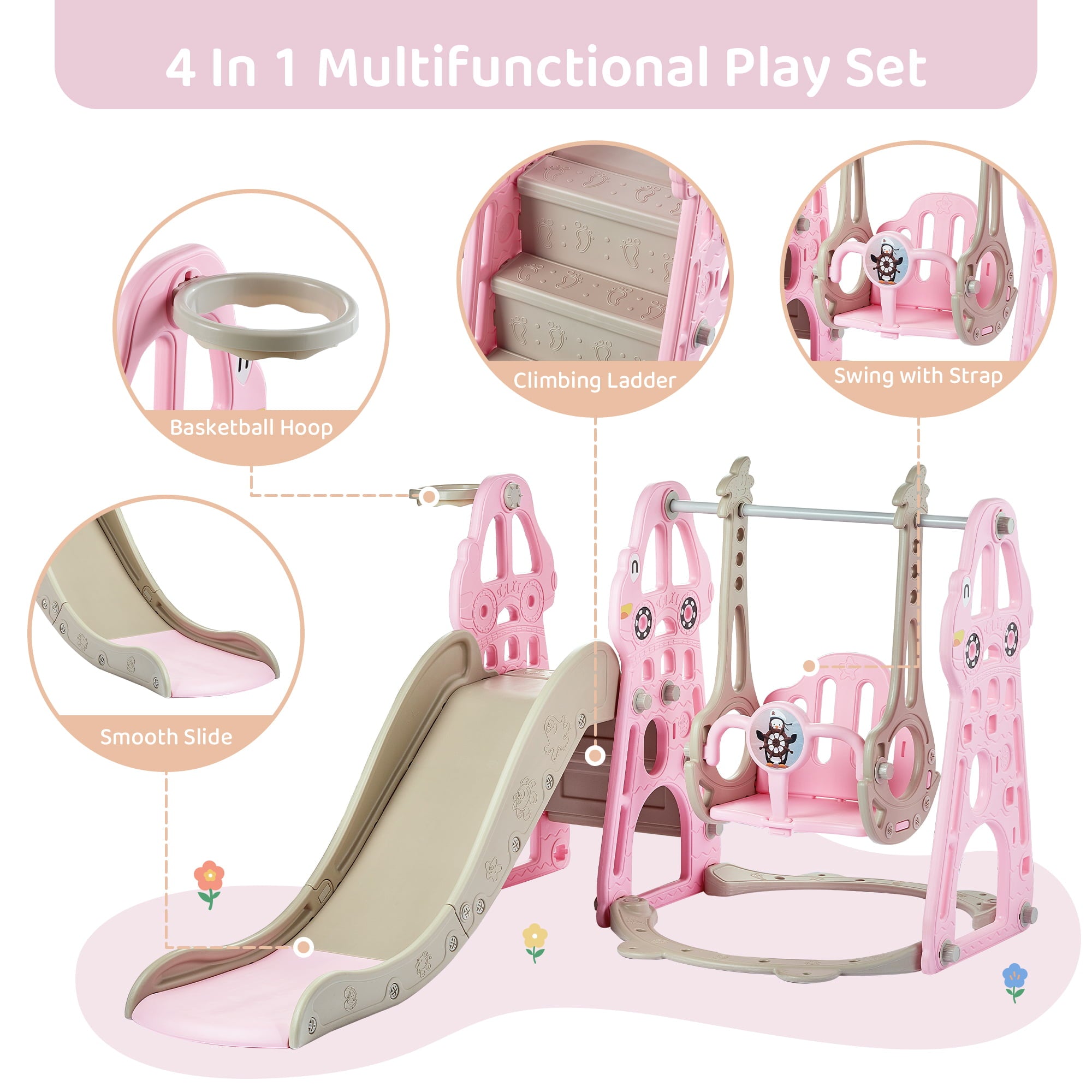 DUKE BABY 4-in-1 Kids Swing and Slide Set for Toddler Age 1-6， Extra Large Baby Indoor Outdoor Activity Playground with Basketball Hoop and Climber – Pink
