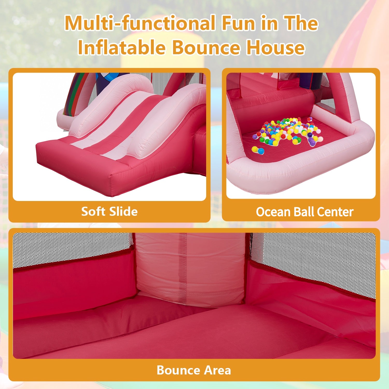 Kinbor Kids Inflatable Jumping Slide Bounce House with Blower Ocean Ball， Pink Unicorn