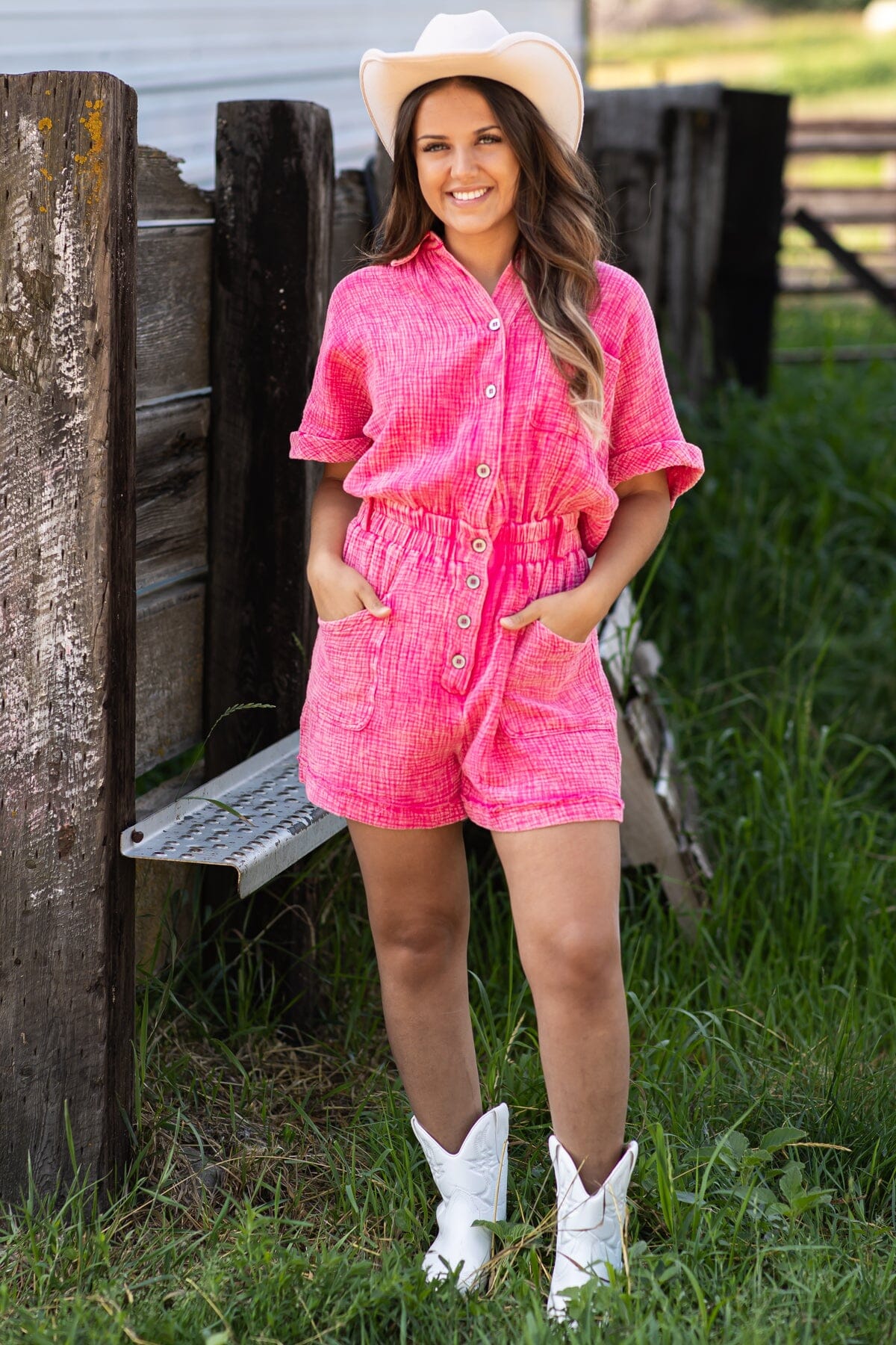 Hot Pink Washed Elastic Waist Romper
